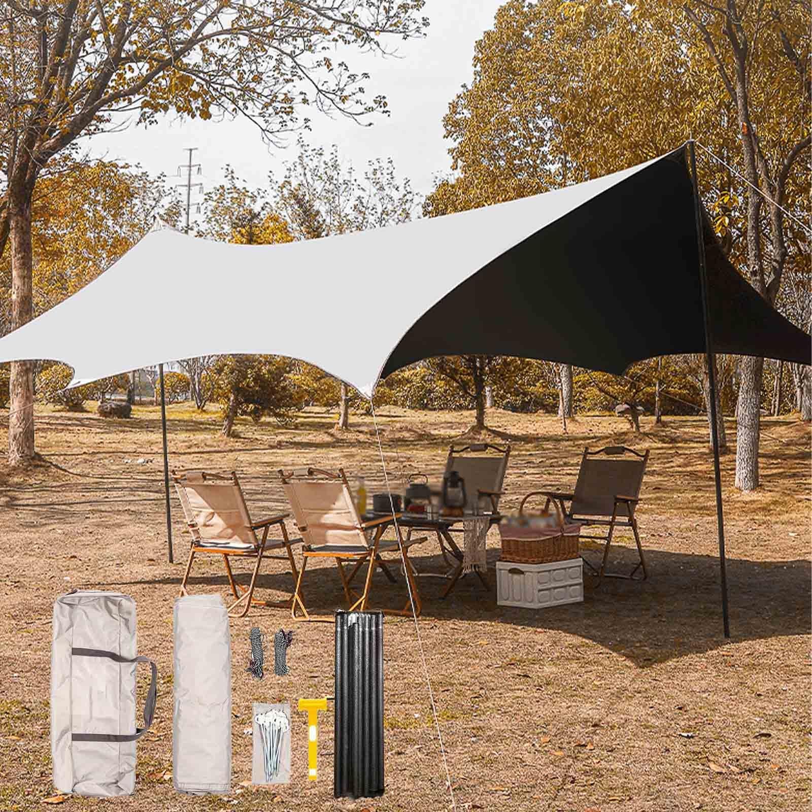 Tarp 5.6x4.4m Wasserdicht, Ultraleicht Camping Zeltplane 8-eckige Markise, Mit 8 Bodennägel+8 Nylonseile+3 Streben, Anti-UV Regen Schutz, Für Camping Picknick Wandern ( Color : Beach Gold , Size : 560