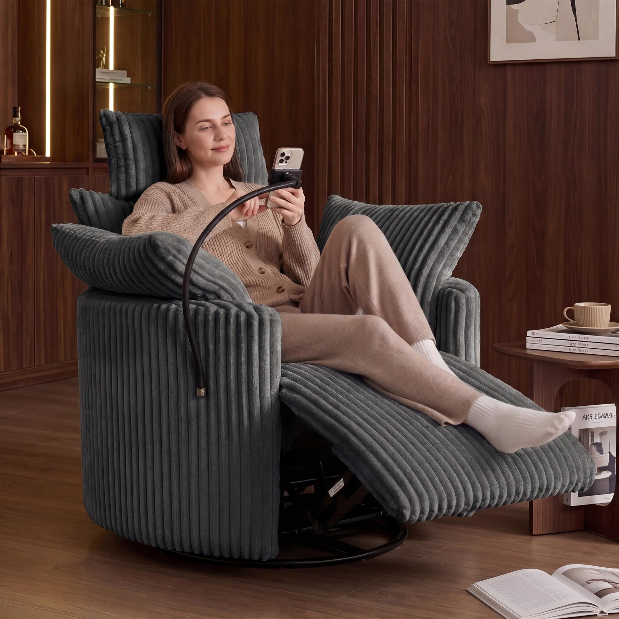 DEKKETO Fauteuil Relax Pivotant 360°, Inclinable & Basculant, Gris | Manuel, Velours Côtelé, Zéro Gravité, Support Téléphone, Dossier Réglable, Appuie-tête, pour Salon, Chambre Bébé, Home Cinéma