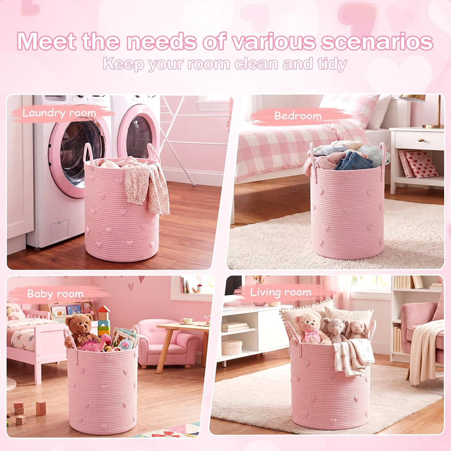 RattanView Pink Cotton Rope Laundry Basket Hamper Large Pink Heart Woven Basket 15 x 17.7 Inches Storage Hamper Bin for Girls Kids Baby Nursery Blanket Toys Clothes Organization