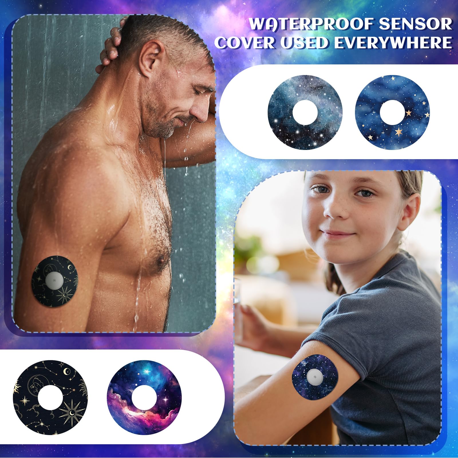 Geiserailie Confezione da 32 toppe adesive rotonde compatibili con Libre 3, CGM, adesivi a nastro adesivo Galaxy, coperture per sensori, impermeabili, a prova di sudore, flessibili, traspiranti