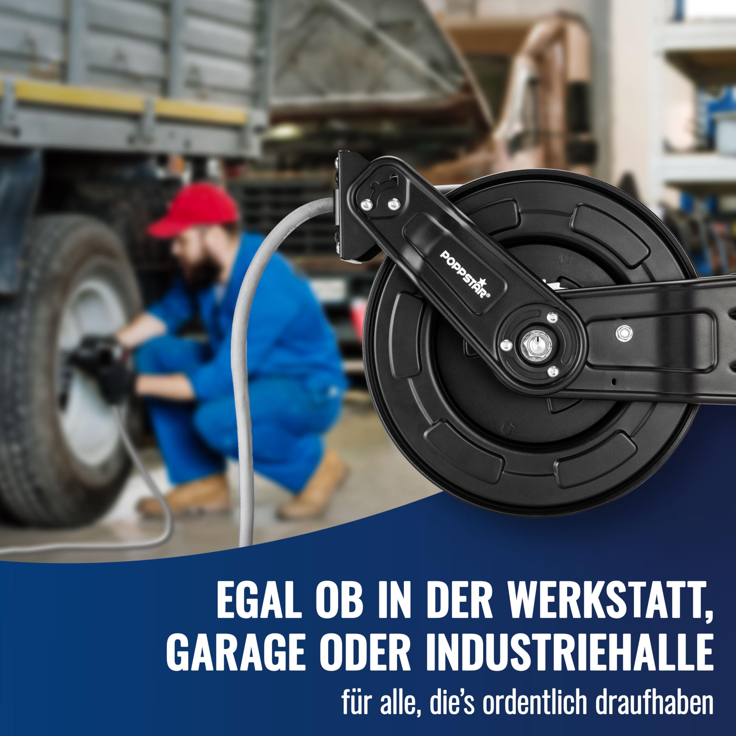 Poppstar Druckluftschlauchtrommel aus Stahl (20m+2m, Durchmesser (9,2x15mm)), Anschlüsse 1/4 Zoll BSPT