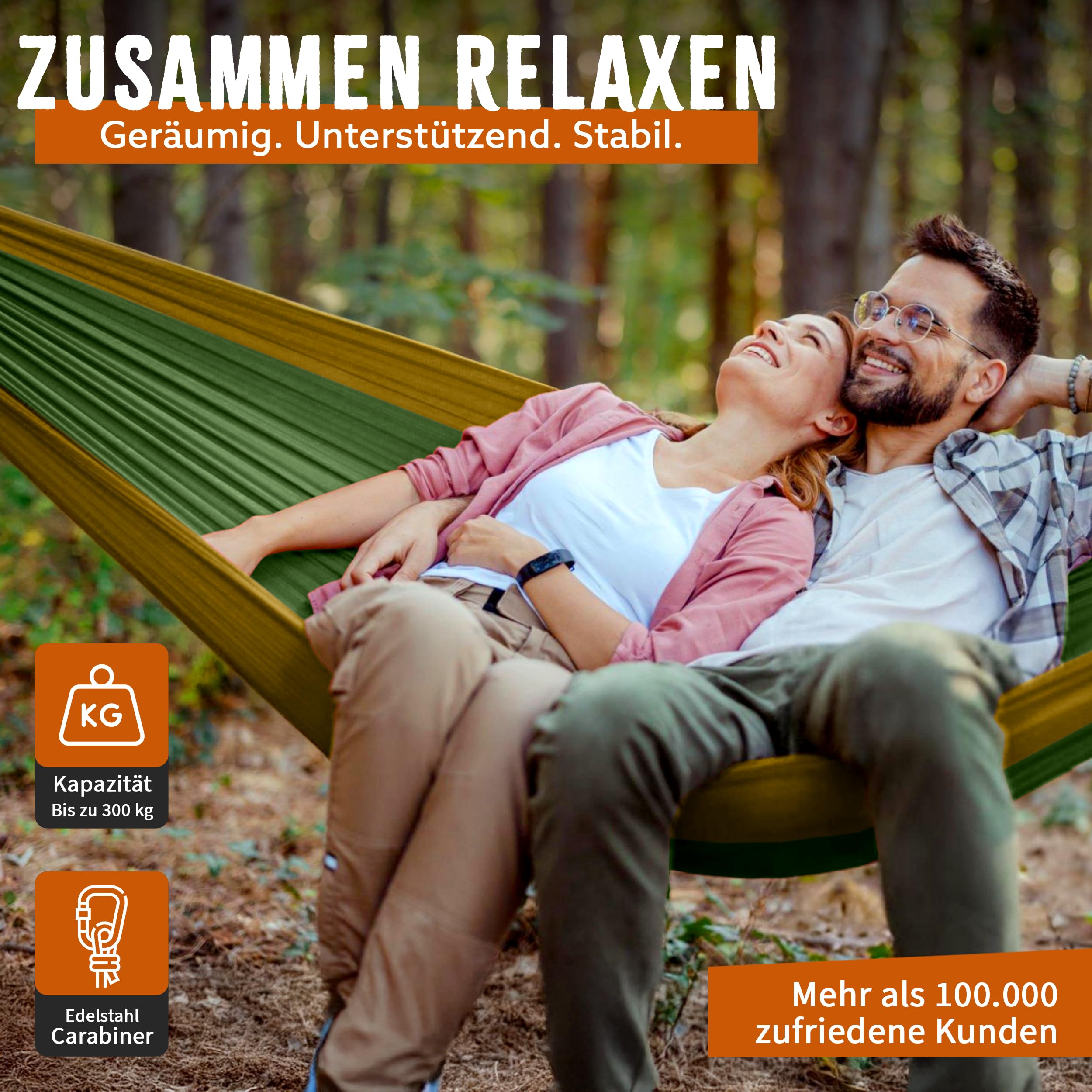 Hängematte Ultraleicht inkl. Karabiner & Schwerlastgurten (bis 300  kg belastbar, 275 x 140 cm) – ideal für Camping, Outdoor, Trekking & als Reisehängematte (Grün/Khaki)