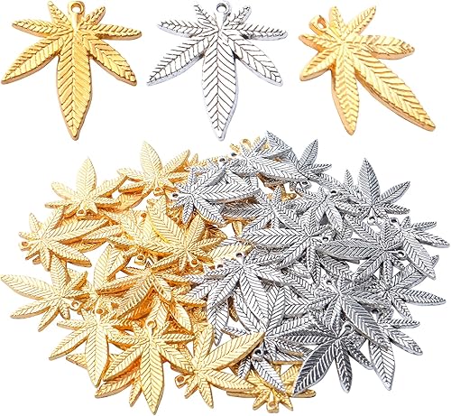 Miniatura 8 de 50 dijes de hoja de arce de marihuana de plata antigua, maceta médica, hojas de árbol de cannabis, colgantes para manualidades, aretes, collares,