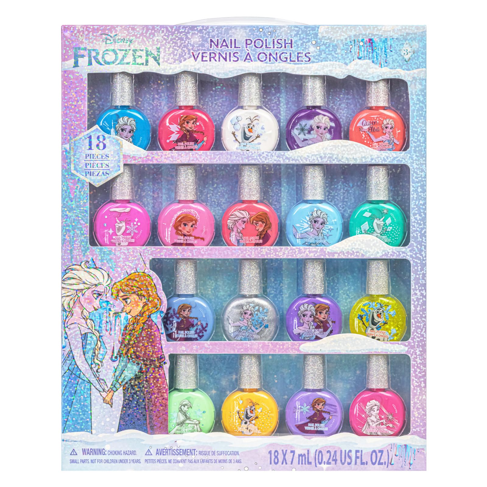 Townley Girl Disney Frozen Elsa Anna Non-Toxic Peel-Off Water-Based Safe Quick Dry Nail Polish |Gift Kit Set for Kids Tweens Girls, Glittery and Opaque Colors| Ages 3+ (18 Pcs)