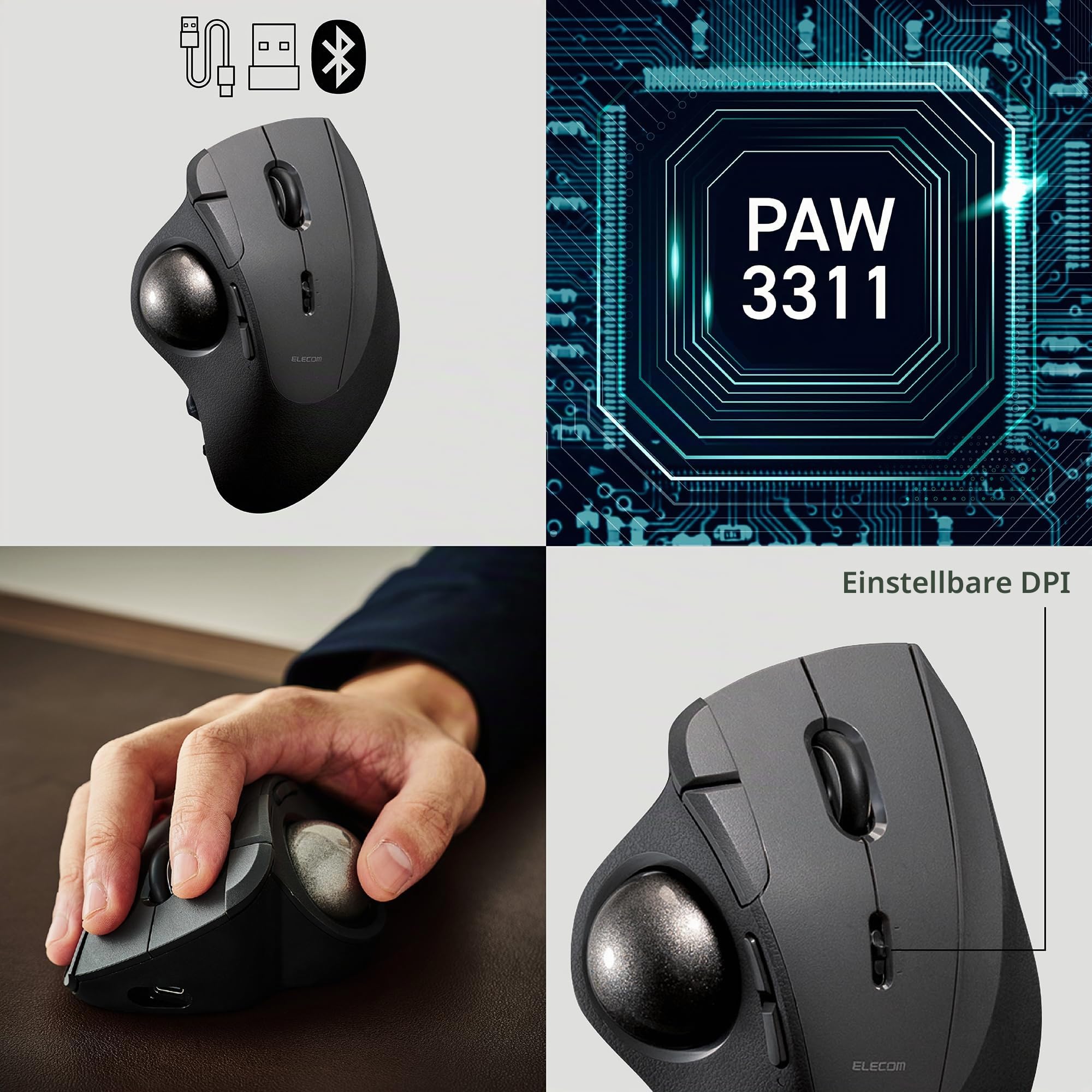 ELECOM IST PRO Trackball-Maus, 6-Geräteverbindung, 3-Wege-Konnektivität, Bluetooth 5.3, kabellos, 2,4 GHz, kabelgebunden, 12.000 DPI-Sensor, 36 mm ergonomisch, 10 benutzerdefinierte Tasten, leises