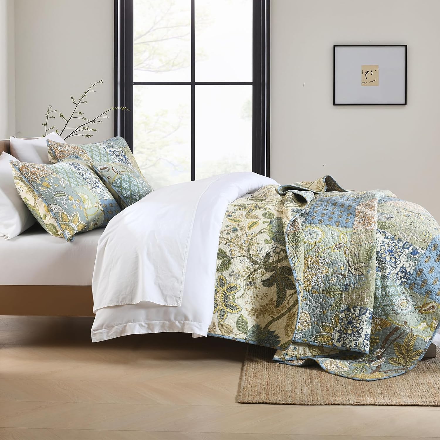 DECMAY Quilt Set Queen Size,100% Cotton Quilted Bedspread Reversible Patchwork Queen Comforter Set, Lightweight Boho Bedspreads Coverlets Quilt Bedding Set with 2 Pillowcase for All Season,Sage Green | queen comforter set, queen bedding set, quilt queen size, bedspread queen size, boho bedding