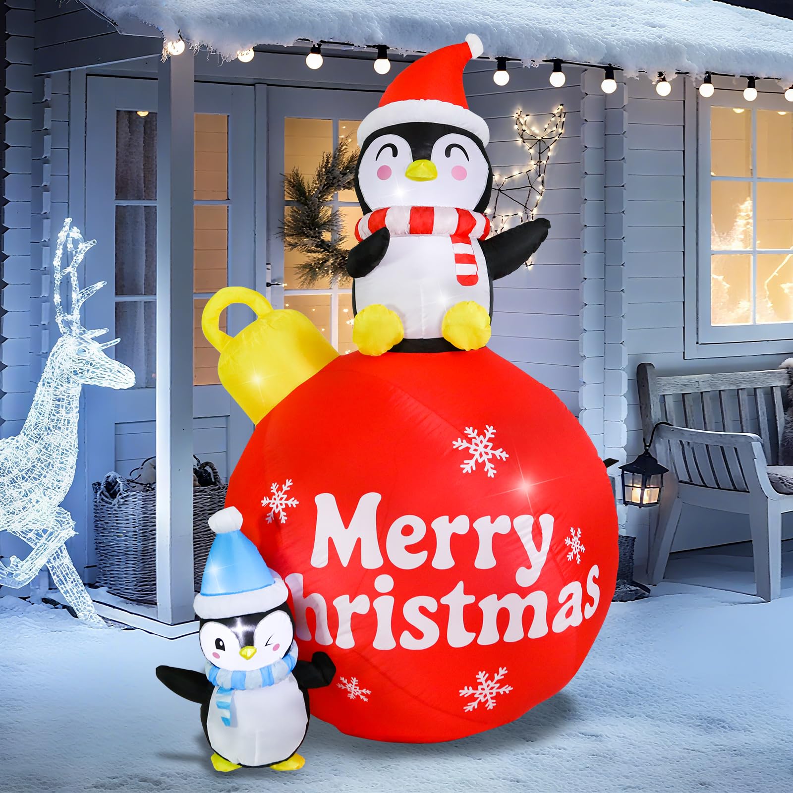 Vigdur Pingüino de Navidad inflable, decoración de bola de Navidad inflable de 6 pies con luces LED, decoración de pingüino de Navidad al aire libre para patio, jardín, césped, suministros de