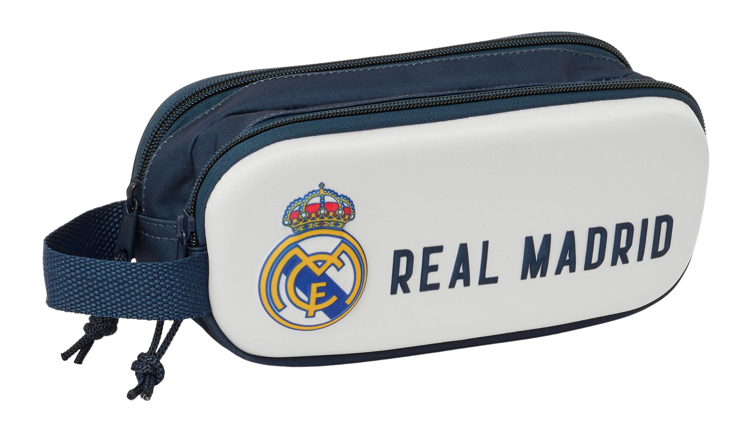 Safta Real Madrid 3D - Portatodo Doble 3D, Estuche Infantil, Estuche Niño, Ideal para Niños en Edad Escolar, Cómodo y Versátil, Calidad y Resistencia, 21x6x8 cm, Color Blanco/Azul Marino