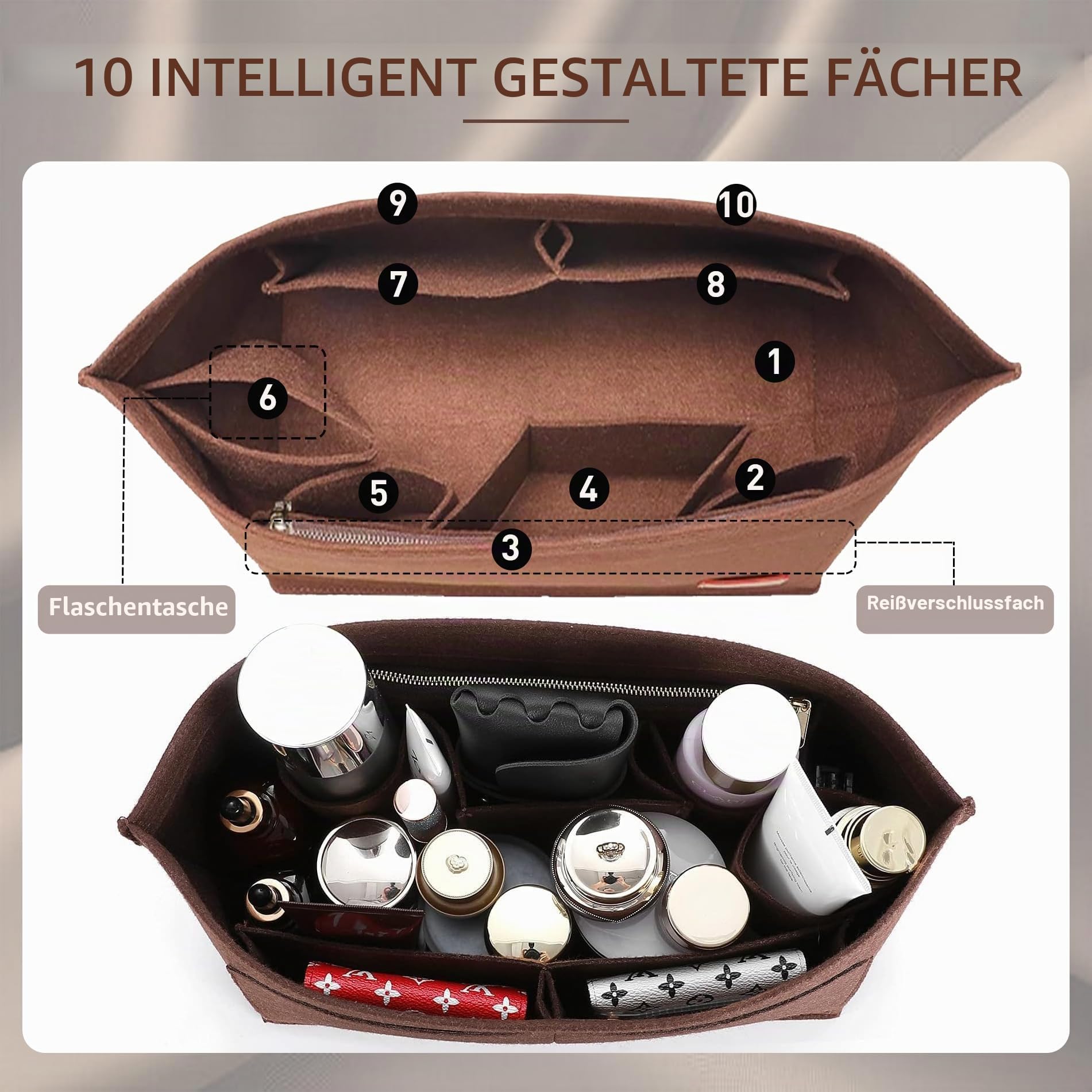 Doxo Geldbörsen-Organizer-Einsatz für Handtaschen und Tragetaschen, Filztasche, passend für Speedy und Neverfull Onthego, 3 Größen/6 Farben, braune Tasche + braune Grundform, groß