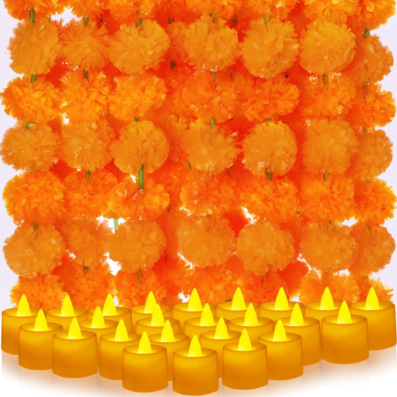 Tigeen 68 Pcs Marigold Garland for Decoration 5 Ft Artificial Marigold Flower Flameless LED Tea Light Wedding Indian Decor Pooja Diwali Decor Hanging Tealight Holder
