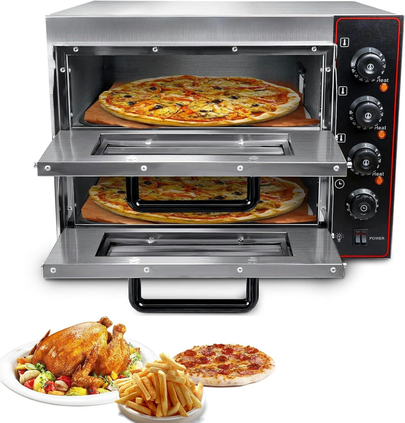 Komercyjny piec do pizzy, 16", podwójne pokłady, piekarnik elektryczny, toster, do pieczenia, pojemność 40 l, stal nierdzewna do restauracji, domu, do pizzy, chleba, ciast, grilla, deserów, kebów