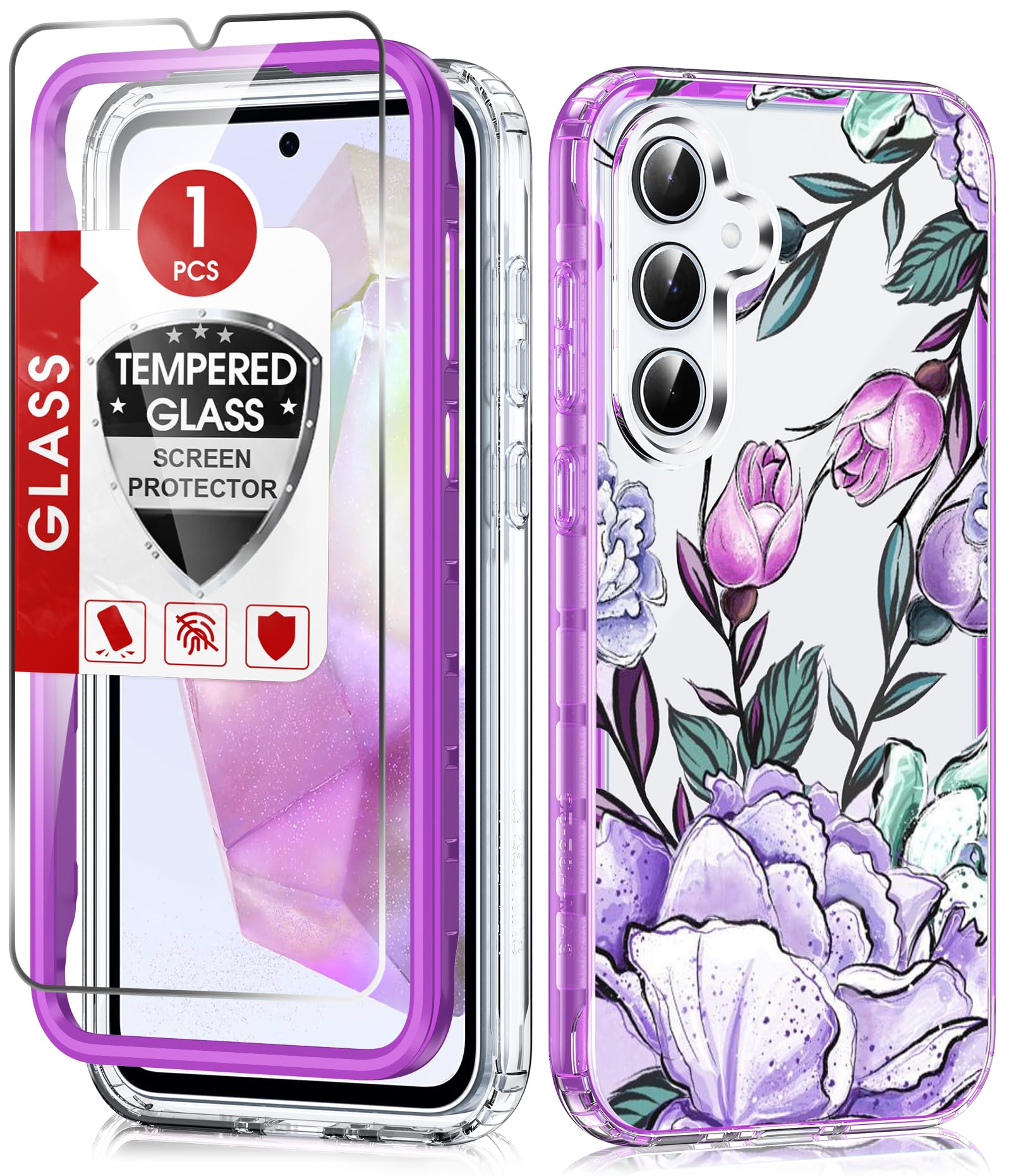 LeYi for Galaxy A35-5G Phone Case: Samsung A35 5G Case with Screen Protector, Dual Layer Exquisite Cute Flower Floral Full Body Protective Rugged