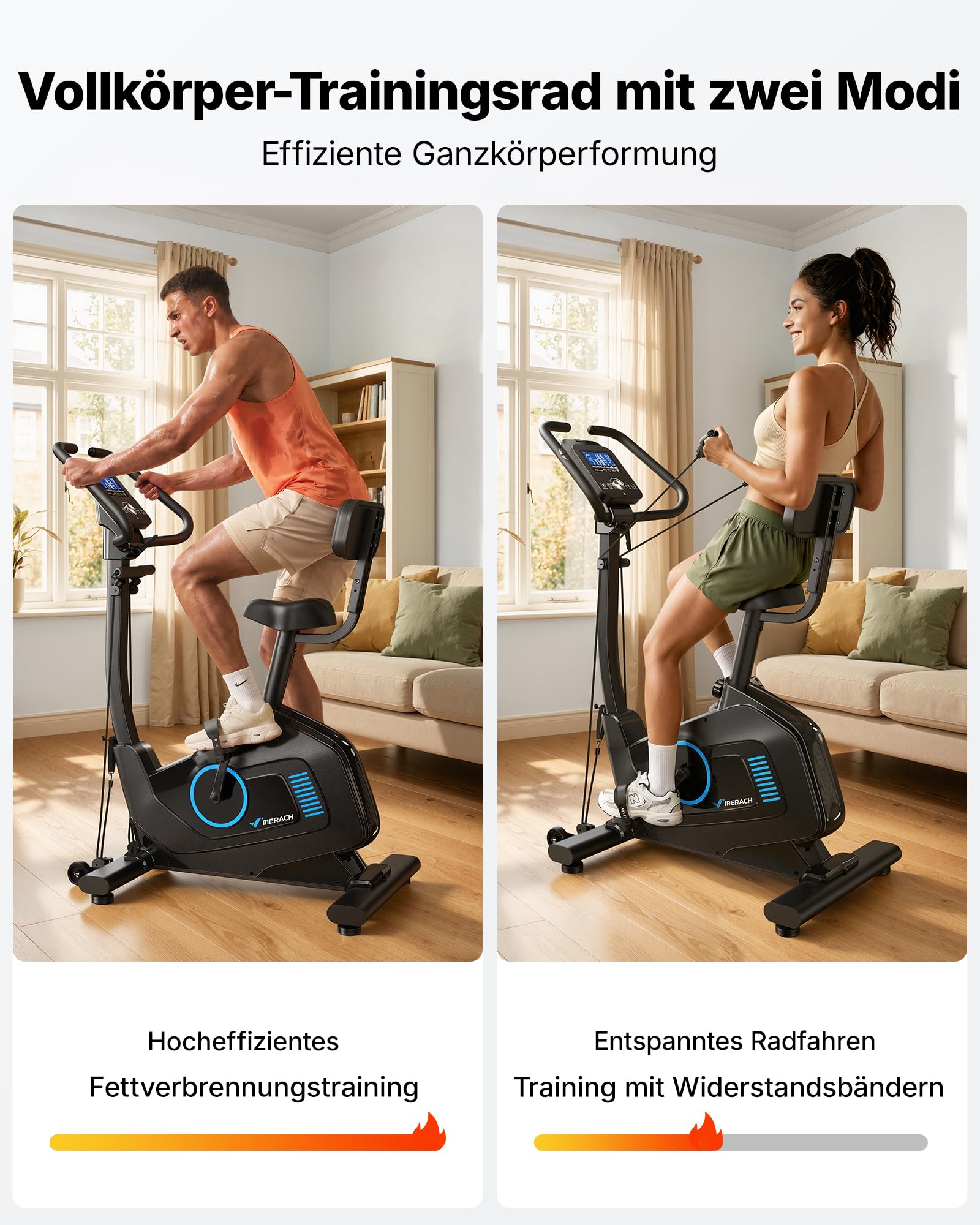 MERACH 4 in 1 Ergometer Heimtrainer Fahrrad mit Automatische Widerstandsanpassung, 16-stufigem Magnetwiderstand, Leisem Antrieb, 2 Trainingsmodi, App-Steuerung, Komfort-Rückenlehne, Widerstandsbändern