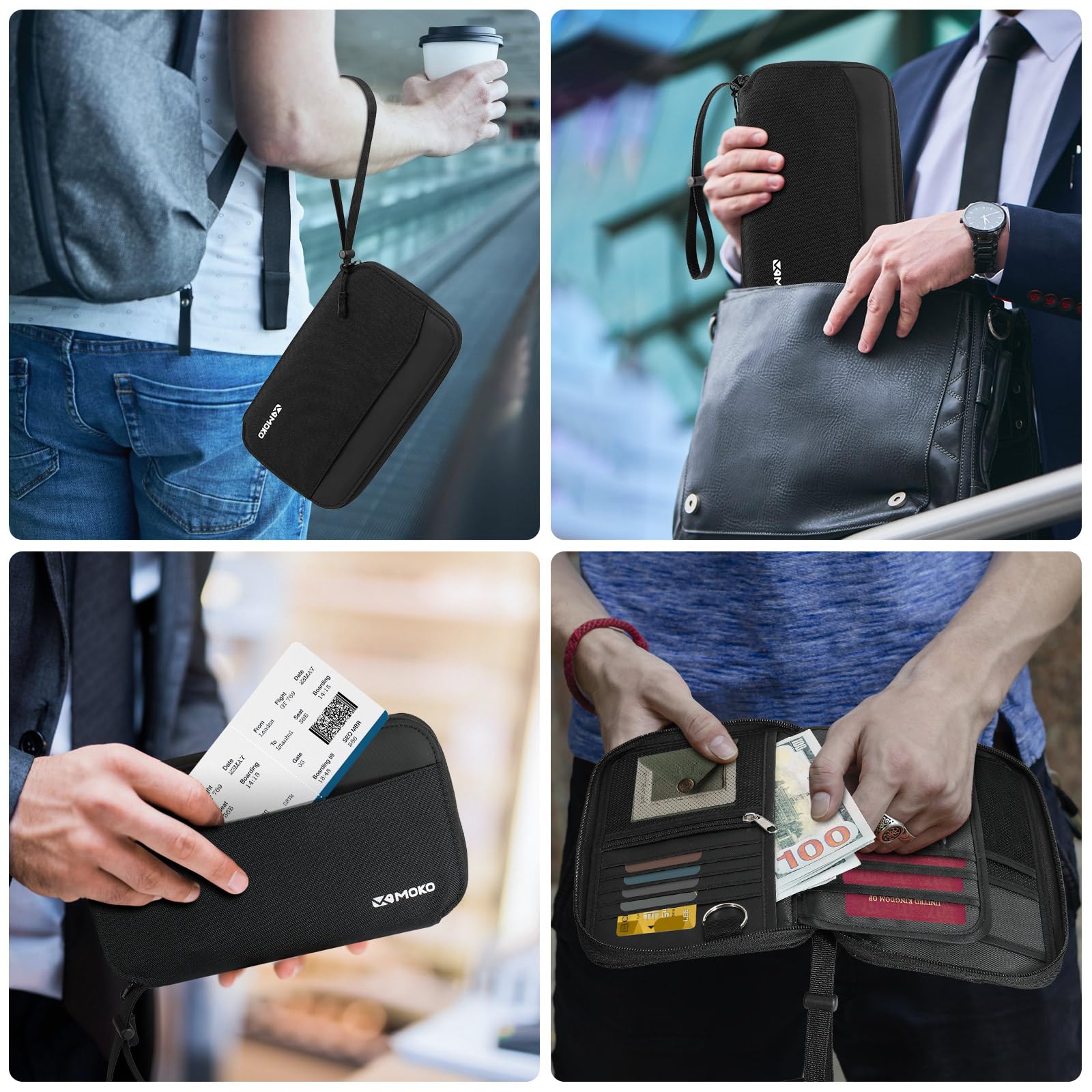 MoKo Passport Holder Family, RFID Passport Wallet for Men and Women, Travel Passport Holder with Multiple Compartments, Travel Document Organzier for Cards, ID, Tickets, Keys, Black