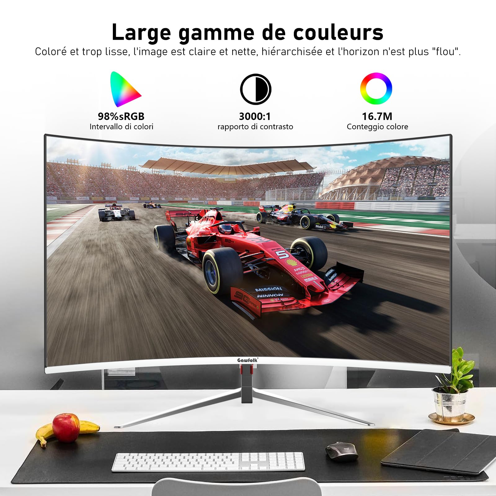 Gawfolk 27 pollici 180Hz curvo monitor per computer da gioco, 1800R，FHD 1080P, 98% sRGB, 1ms，FreeSync，178 ° grandangolo, HDR, VESA100*100MM，HDMI/DisplayPort-bianco…