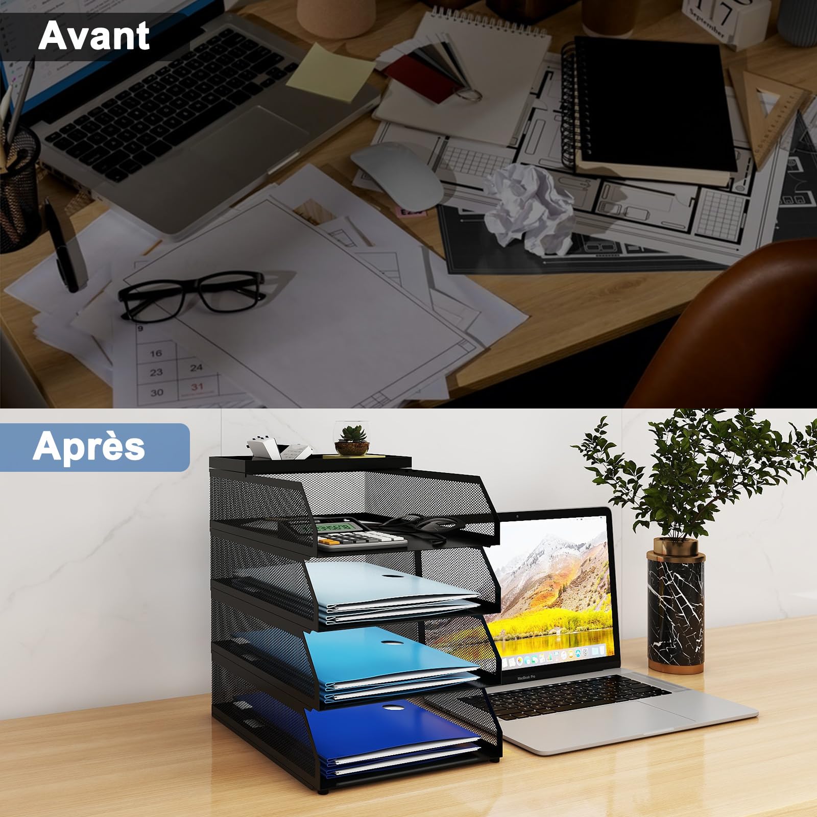 PUNCIA Corbeilles à Courrier en Maille Métallique 4 Niveaux Organiseur Bureau Noir