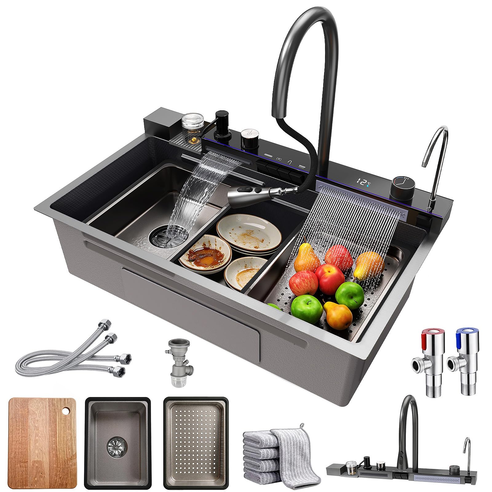 Évier de cuisine noir 1 bol cascade multifonction avec robinet extractible et rince-gobelet