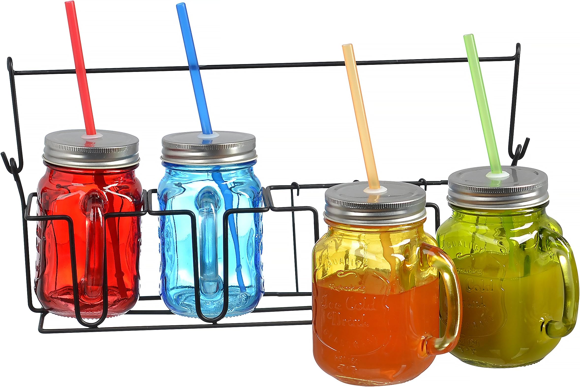 Zeesline Set of Four (4) 16-oz Colored Glass Mason Jars Mugs with Handles, Lids and Drinking Straws, Including Caddy Holder with a Handle, Home and Party Drinkware Set, Blue Red Green Yellow Drinking Jars