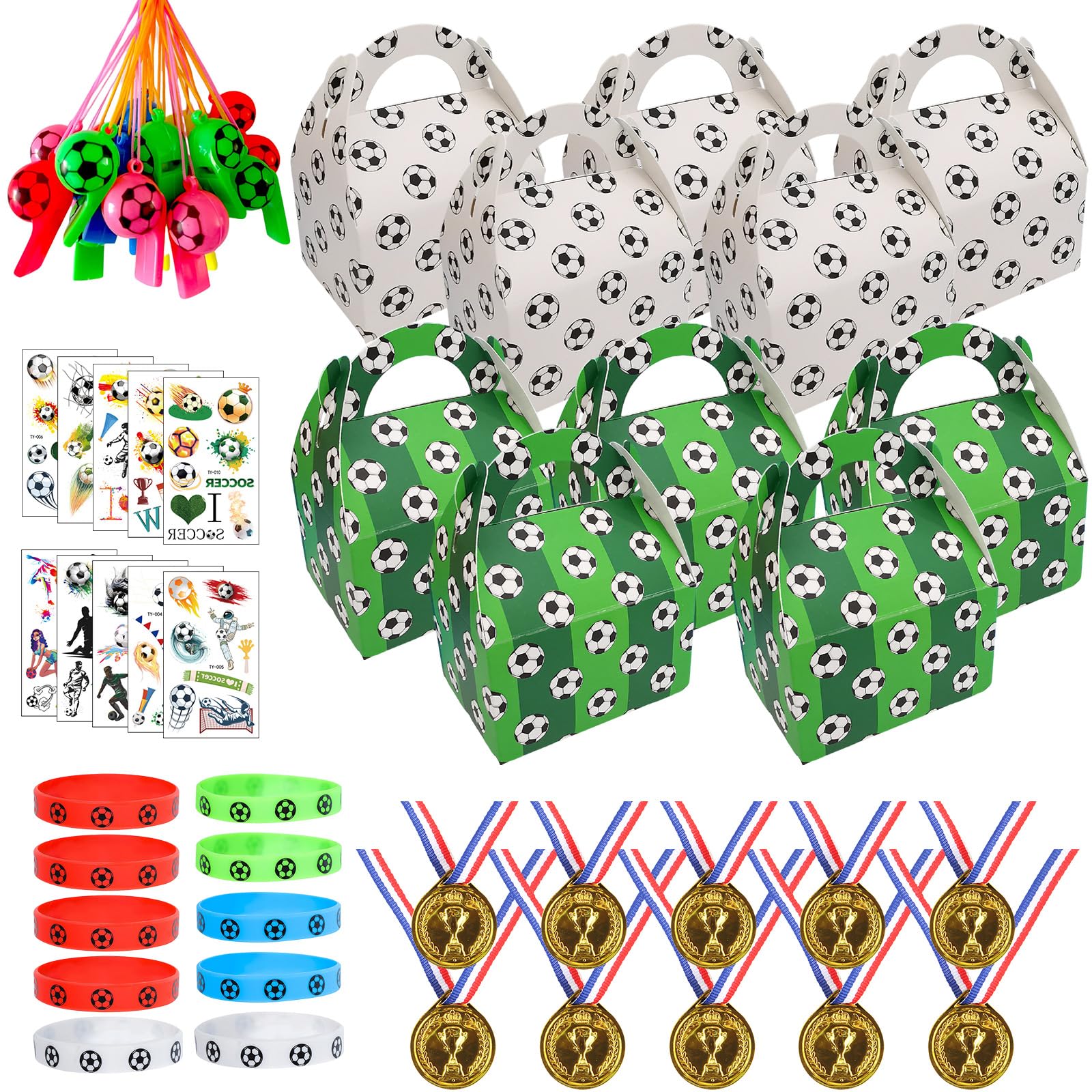 atnayo 50 Pcs Football Party Bags Fillers, Medals Wristbands Whistles Stickers Gift Bag for Football Themed Party