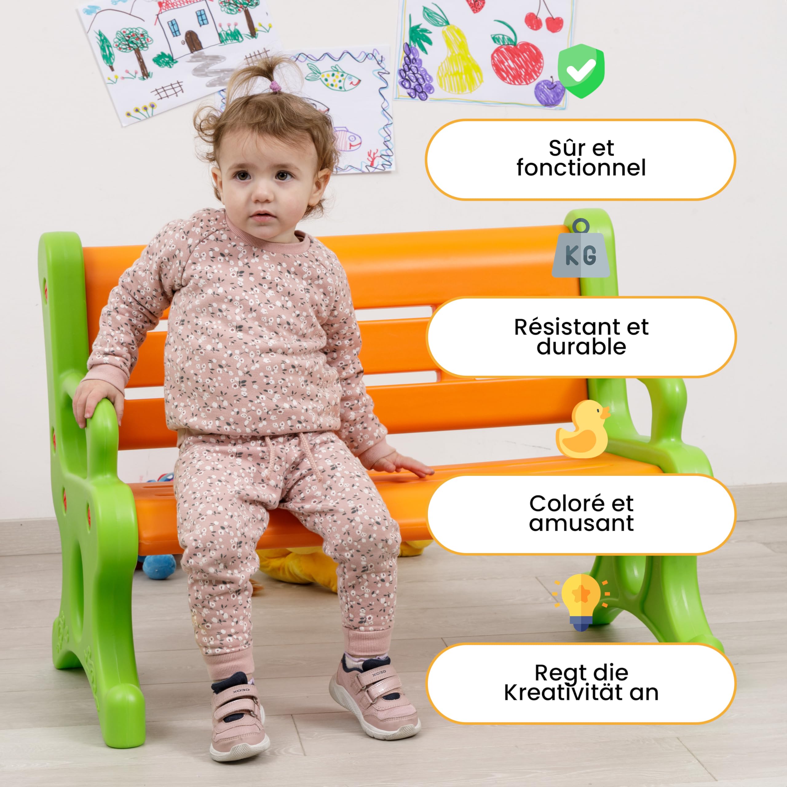 Baroni Toys Banc à Jouets en Plastique pour Enfant, Banc d’Extérieur et d’Intérieur pour Enfants, Banc 3 Places Coloré et Résistant Facile à Monter, 80x60x47 cm