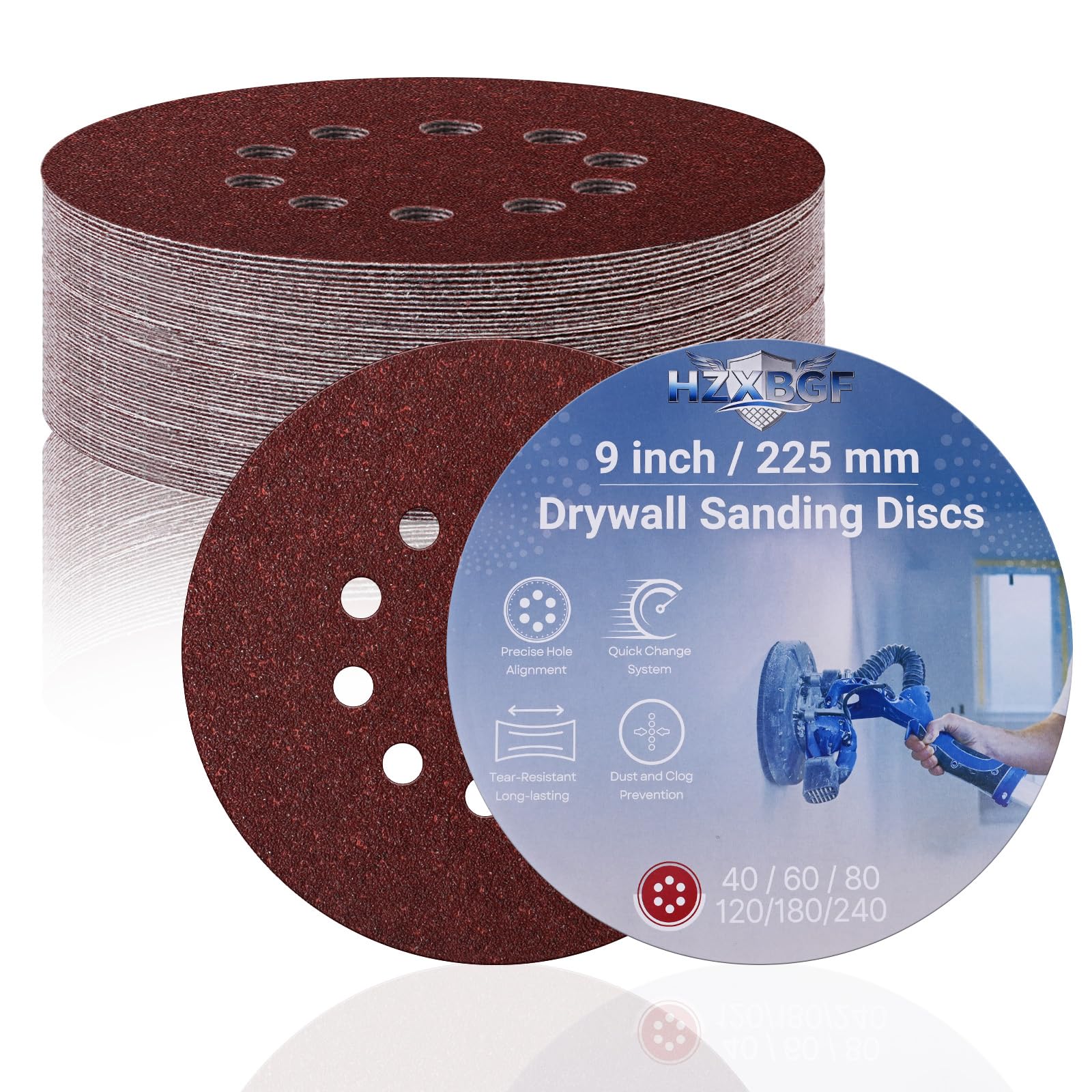 12 PCS 225mm 10 Hole Sanding Discs, 40 Grit Hook and Loop Round Sandpaper