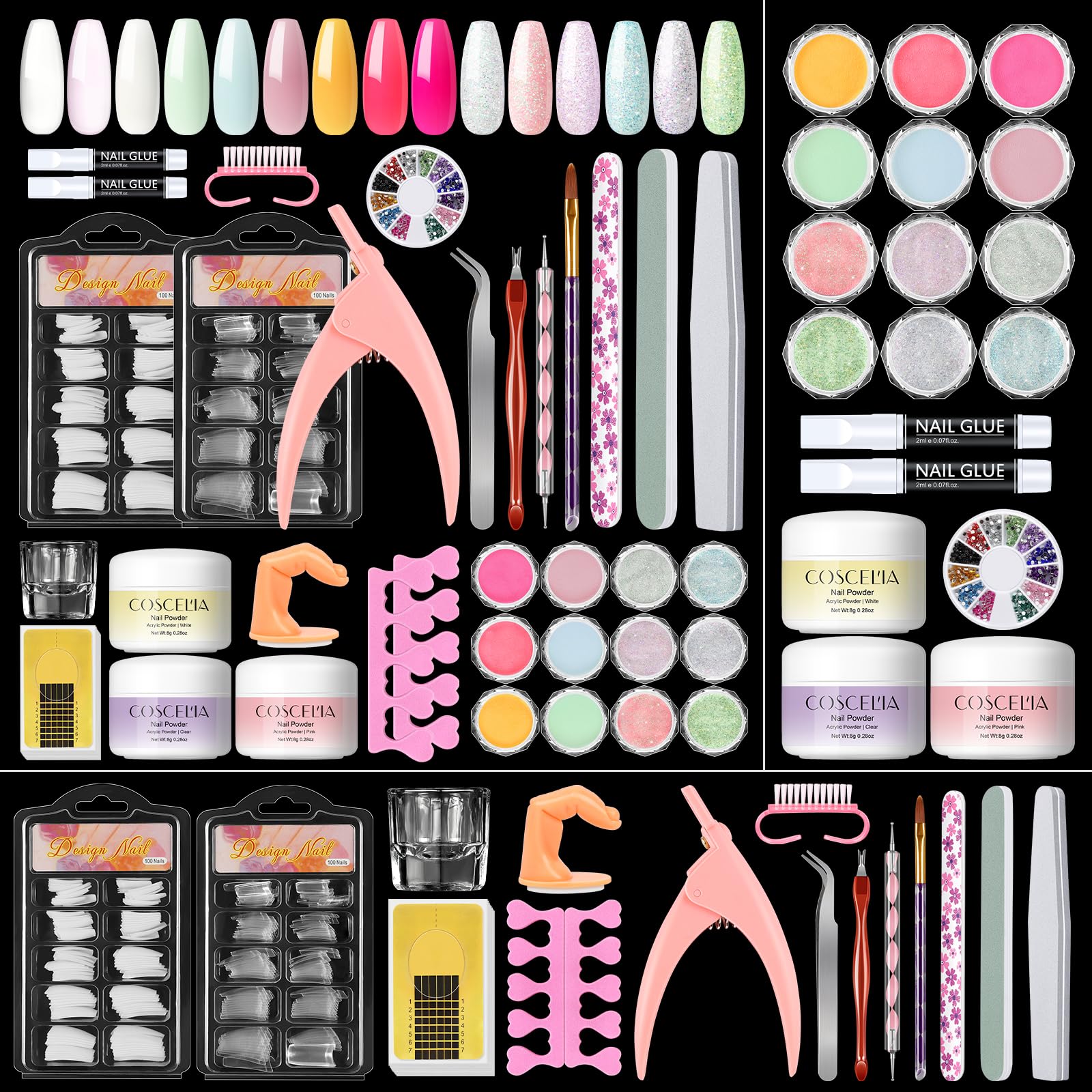 Coscelia Kit Uñas Acrílicas, 15pcs Polvo Acrilico para Uñas Profesional Acrilicas Uñas Iris Colores, Uñas Extensión Kit con Nail Art Supplies DIY Nail Art Design Salón