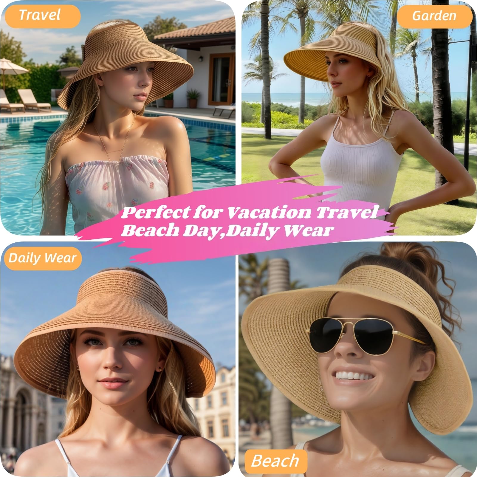Sombreros de paja con visera solar para mujer, plegable, de ala ancha, flexible, para cola de caballo, playa, protección UV, esenciales para vacaciones, Caqui, Talla única 5