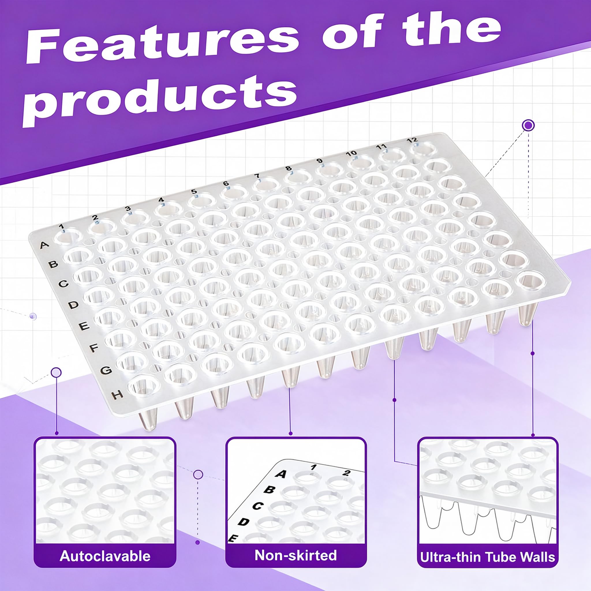 Piastre PCR a 96 pozzetti da 0,1 ml, trasparenti, non rivestite, 15 pezzi