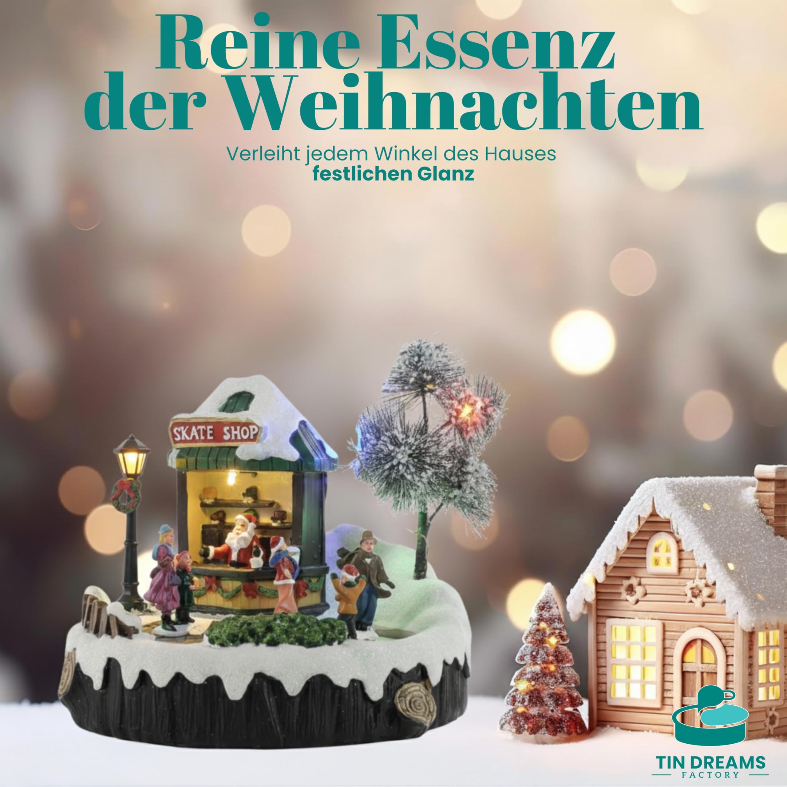 TIN DREAMS | Eislaufbahn Weihnachten mit Musik, Bewegung und Lichtern | Animierte Weihnachtsszene mit Eisläufern | Beleuchtetes Häuschen für Weihnachtsdorf, Miniatur oder Weihnachtsstadt mit Beleuchtu