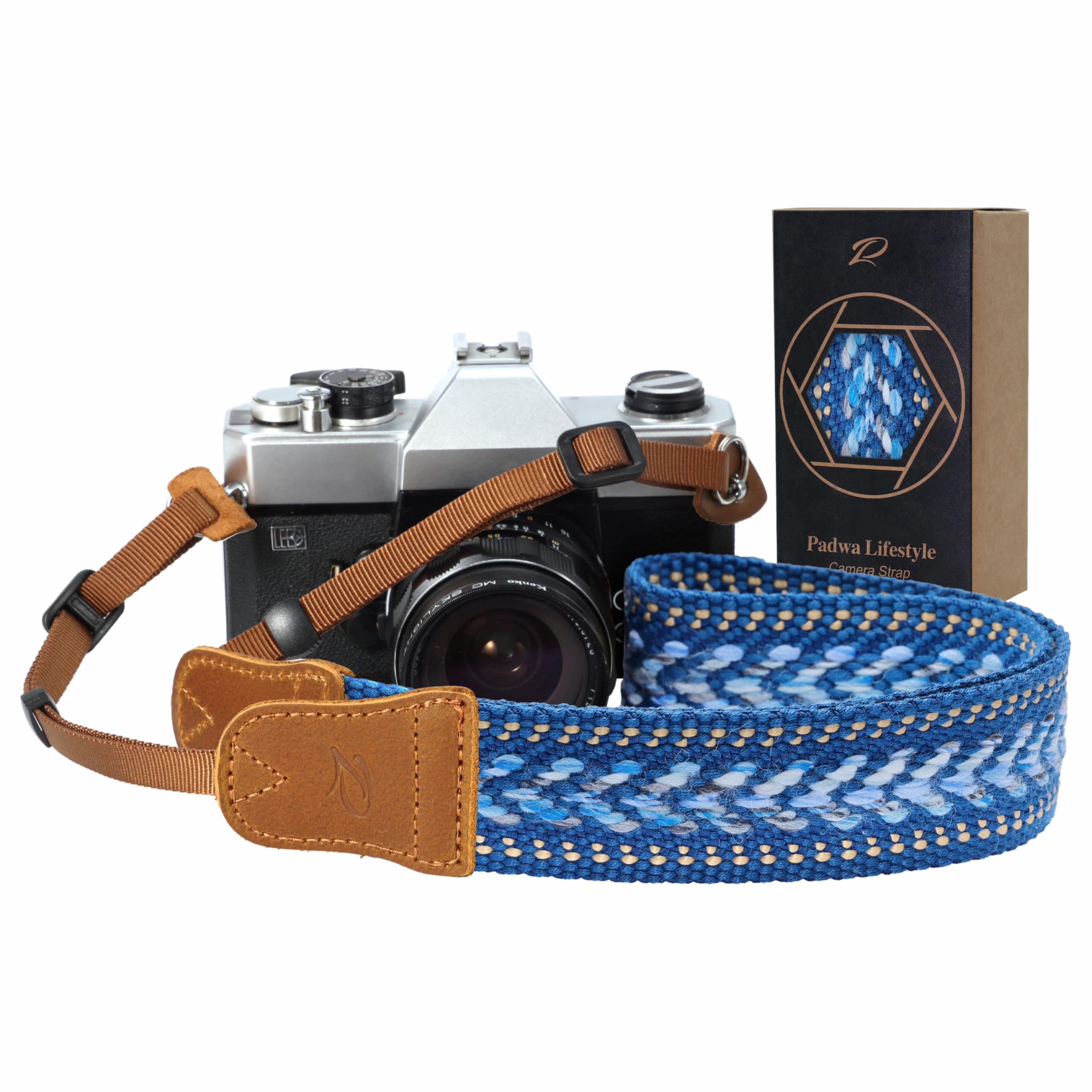 Padwa Lifestyle Speed Blue Camera Strap – 1.5″ Soft Cotton Rope Weave Crazy Horse Cowhide Head Camera Straps for Photographers and All Cameras,Cute Adjustable Vintage Woven Strap for Adults & Kids