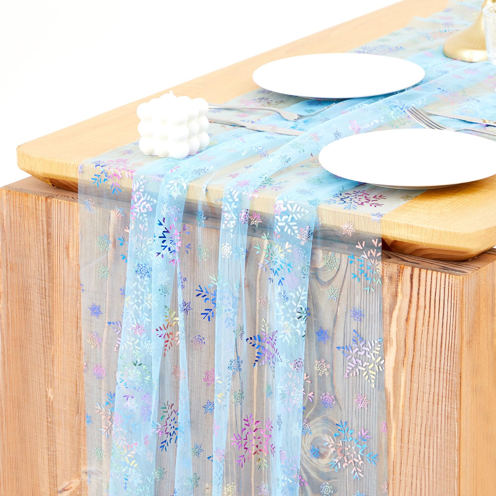 Photo 1 of Windkream 2 Pack Blue Snowflake Table Runner 29x120 Inch Princess Theme Birthday Party Decorations Lace Tulle Table Decor Home Dining Room Kitchen Holiday Wedding Anniversary Veil Decor