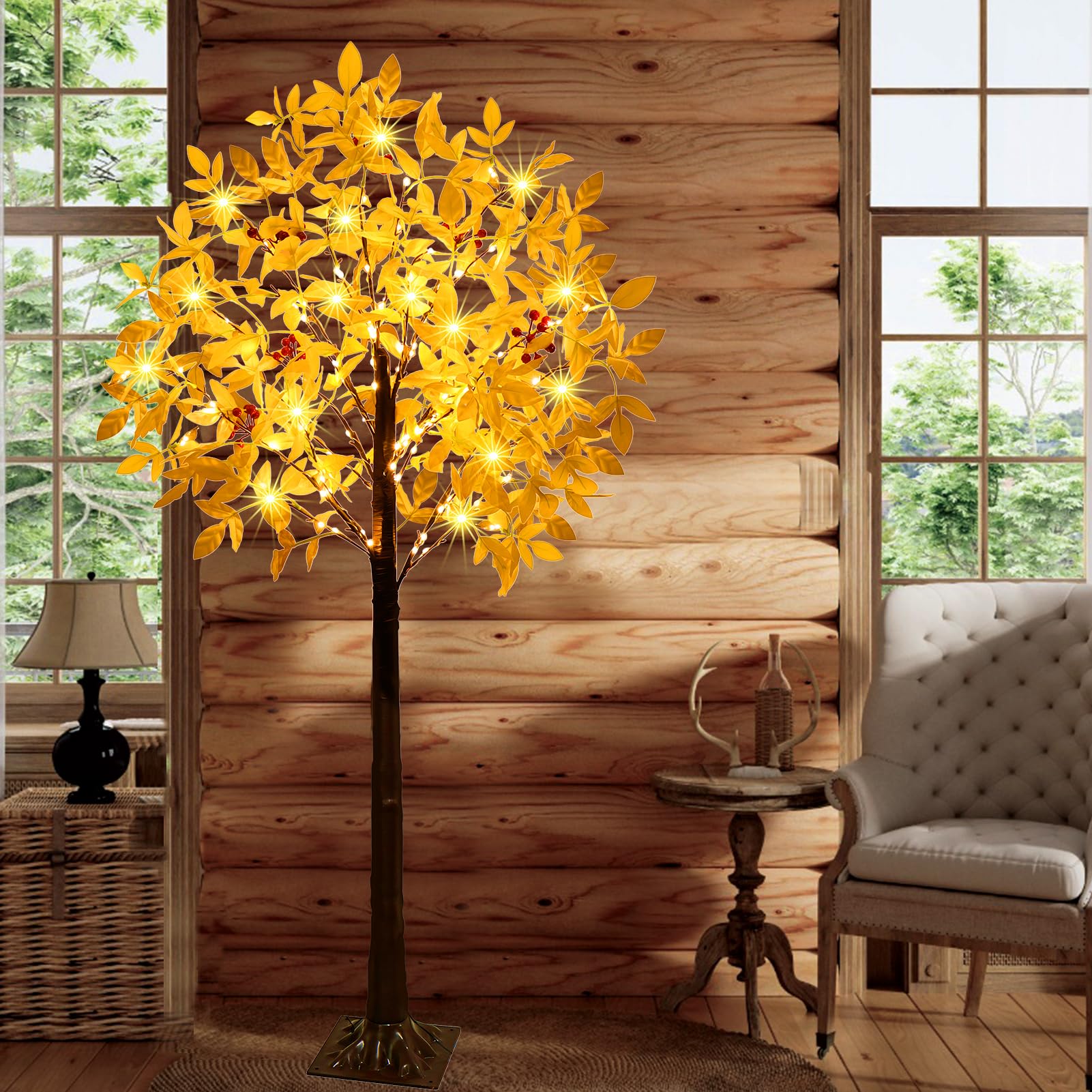 5FT Lighted Artificial Maple Tree, 105 LED Warm White Tree Decor Home Indoor Outdoor, Light Up Valentines Day House Corner Garden Patio Yard Dinner Party Decoration, Lifelike Leaves and Red Fruits
