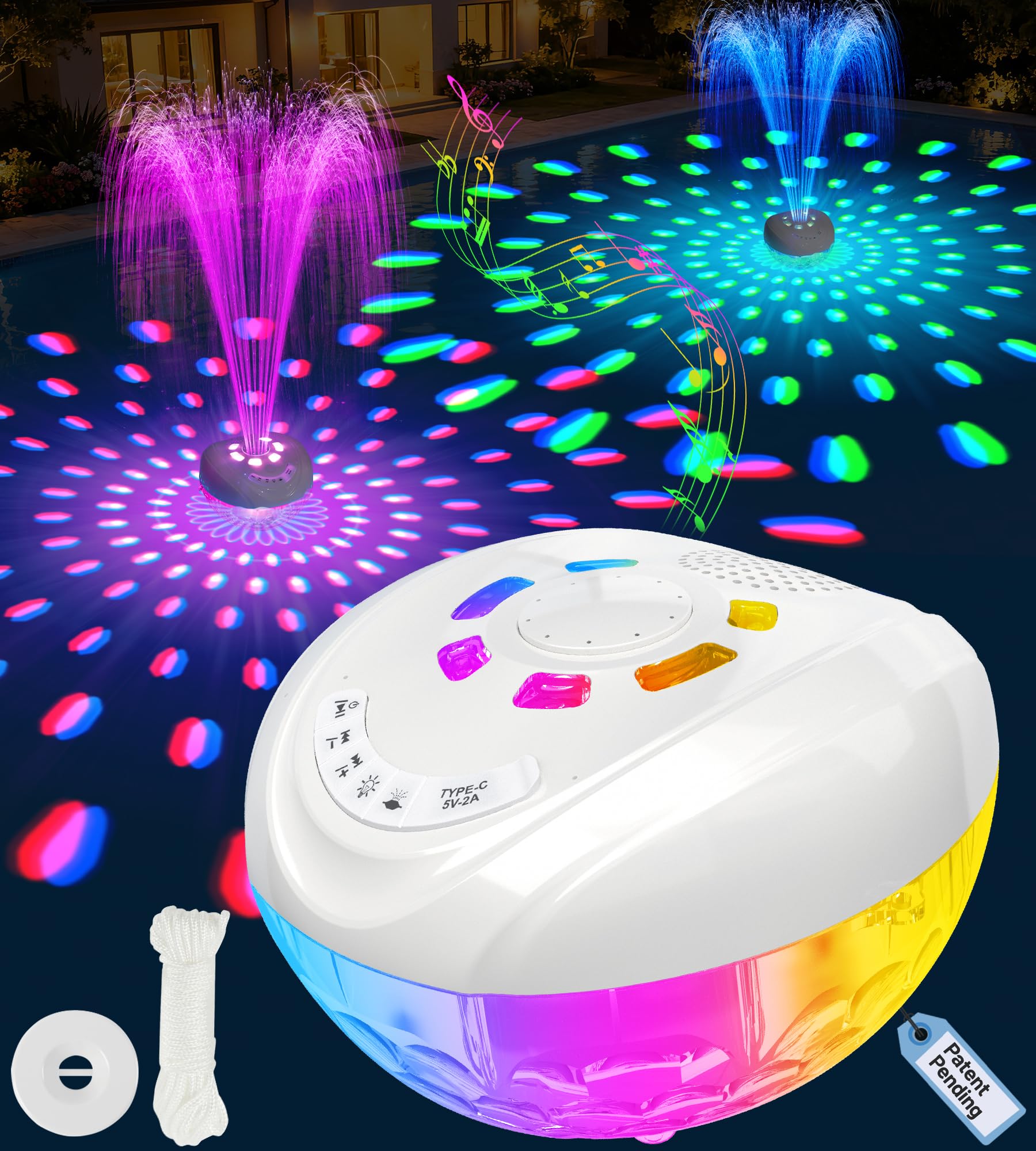 Luxfero 3 in 1 Pool Lautsprecher mit Springbrunnen & Pool Licht,Schwimmender Bluetooth Lautsprecher IP68 Wasserdichter Pool Musikbox,Laut Bluetooth Lautsprecher Pool,BT5.4 Lautsprecher Whirlpool