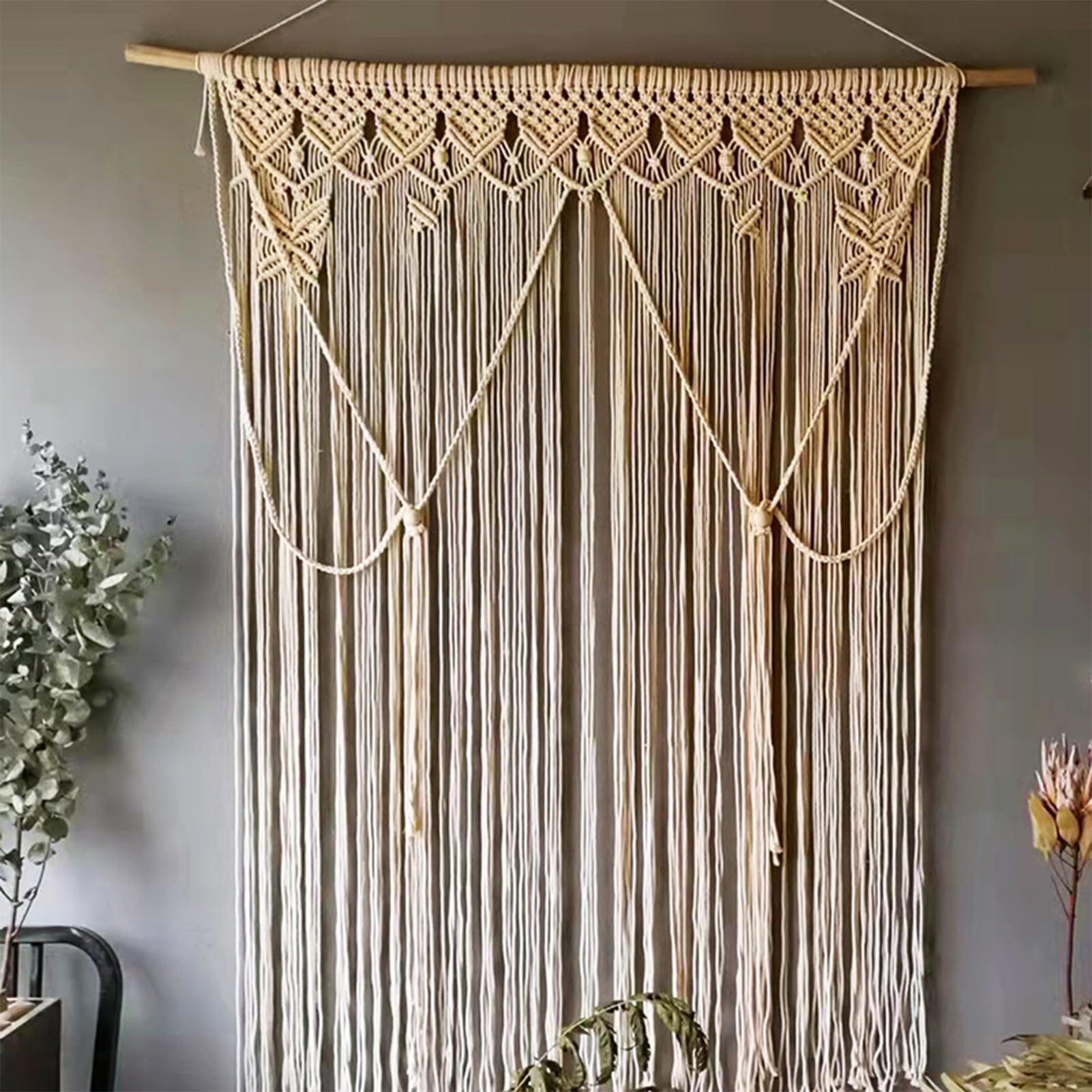 Boho Vorhang Makramee Blickdicht, Baumwolle Vorhänge mit Kräuselband für Schlafzimmer & Wohnzimmer – Behang als Raumteiler für Hochzeitsdeko(180 * 95cm)