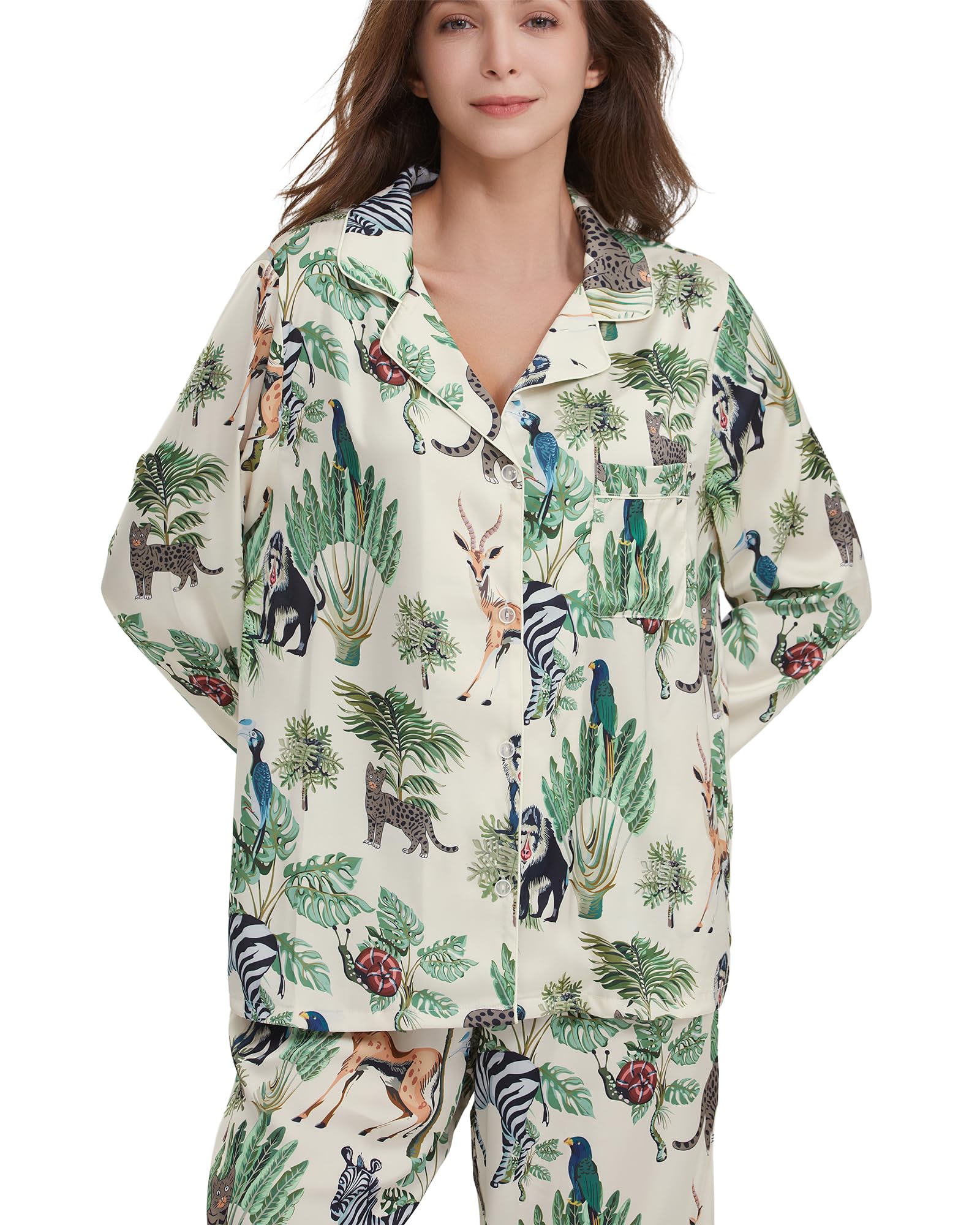 YiNi LuLu Conjunto de pijama de satén de seda para mujer, pijama de 2 piezas con botones, manga larga, ropa de dormir de gran tamaño con bolsillos