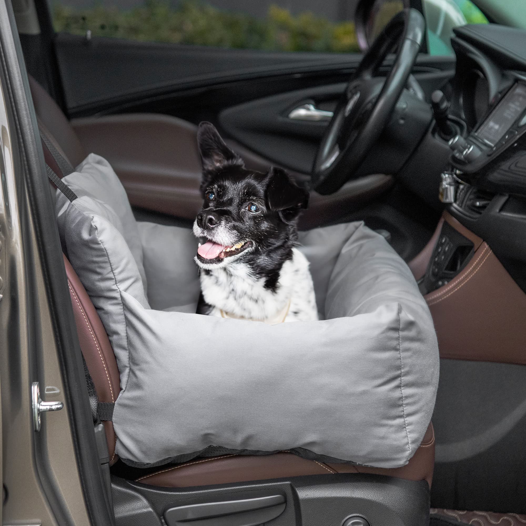 PawHut Seggiolino Auto per Cani di Piccola Taglia, Cuccia per Auto in Cotone Sfoderabile e Lavabile con Cinture di Sicurezza, Grigio Scuro