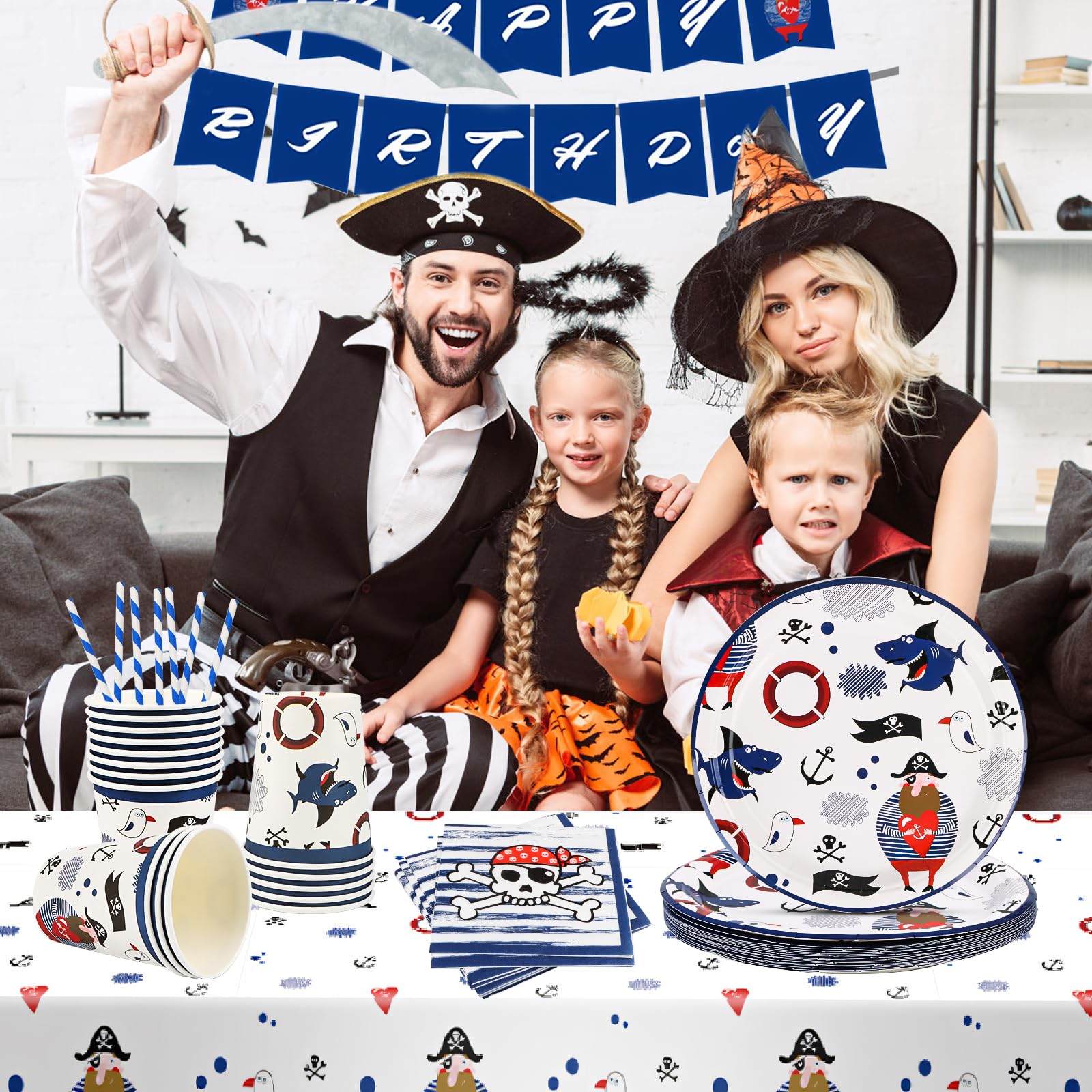 Set Stoviglie Pirata Per 16 Ospiti - Piatti, Bicchieri, Tovaglioli E Tovaglia | Per Feste Bambini - Foto 2