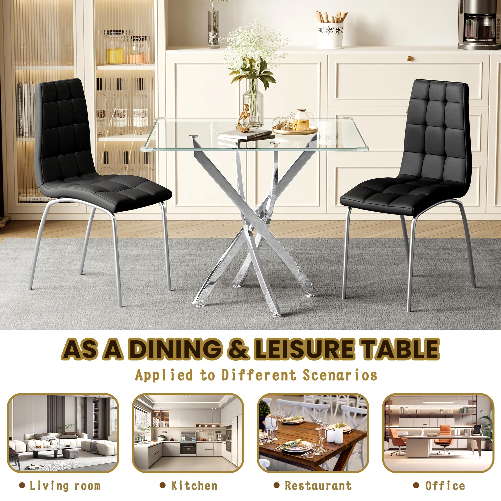 Tavolo da pranzo quadrato in vetro da 91,4 cm, moderno tavolo da pranzo da cucina per 4 persone, con piano in vetro temperato e gambe in acciaio inossidabile argento, tavolino da caffè in vetro per