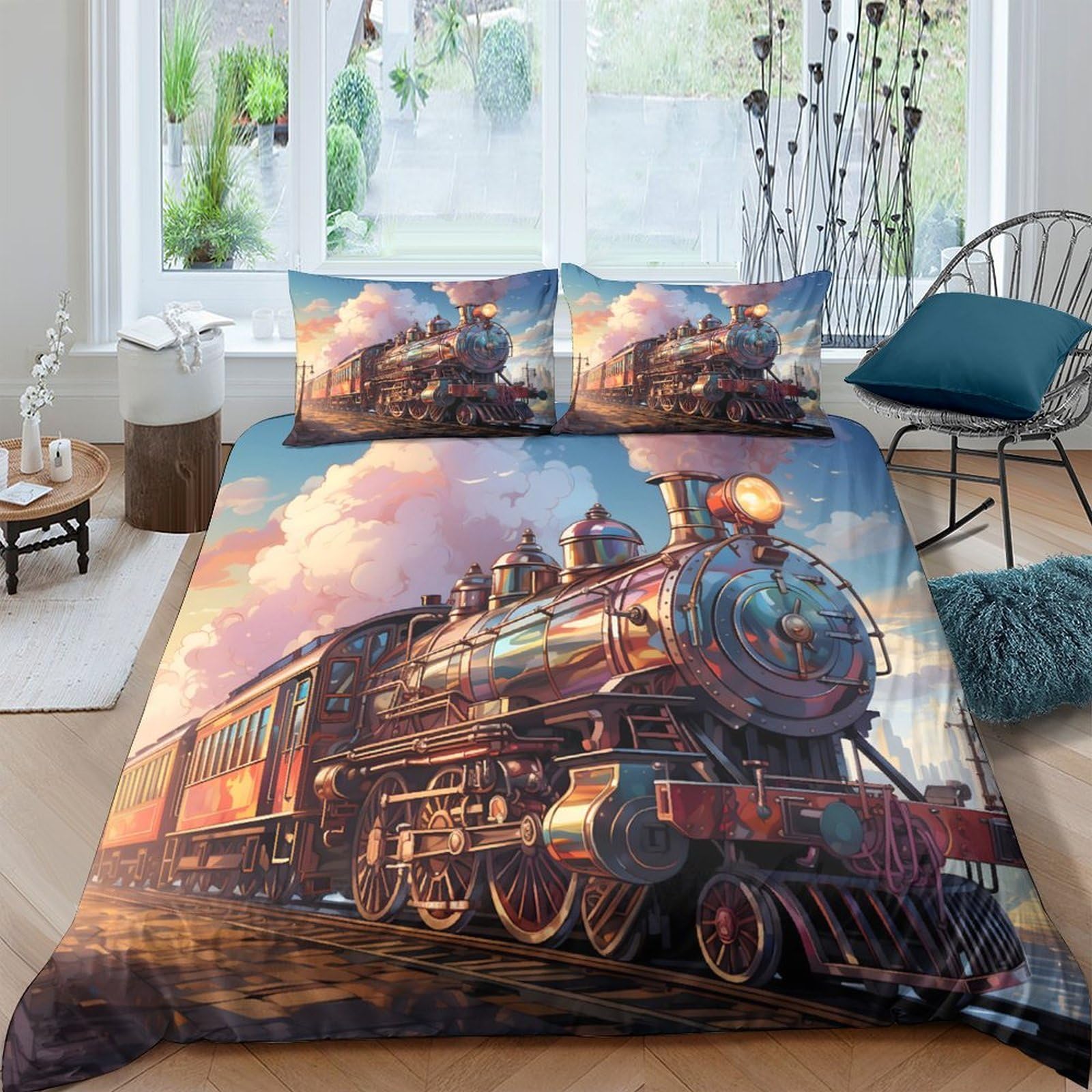 Ctjqhvkz Style-10 3D Printed Steam Train Fitted Sheet Microfiber Anti-Slip Bedroom Decor Sunset Railway Mattress Cover Washable Single（135X200cm）