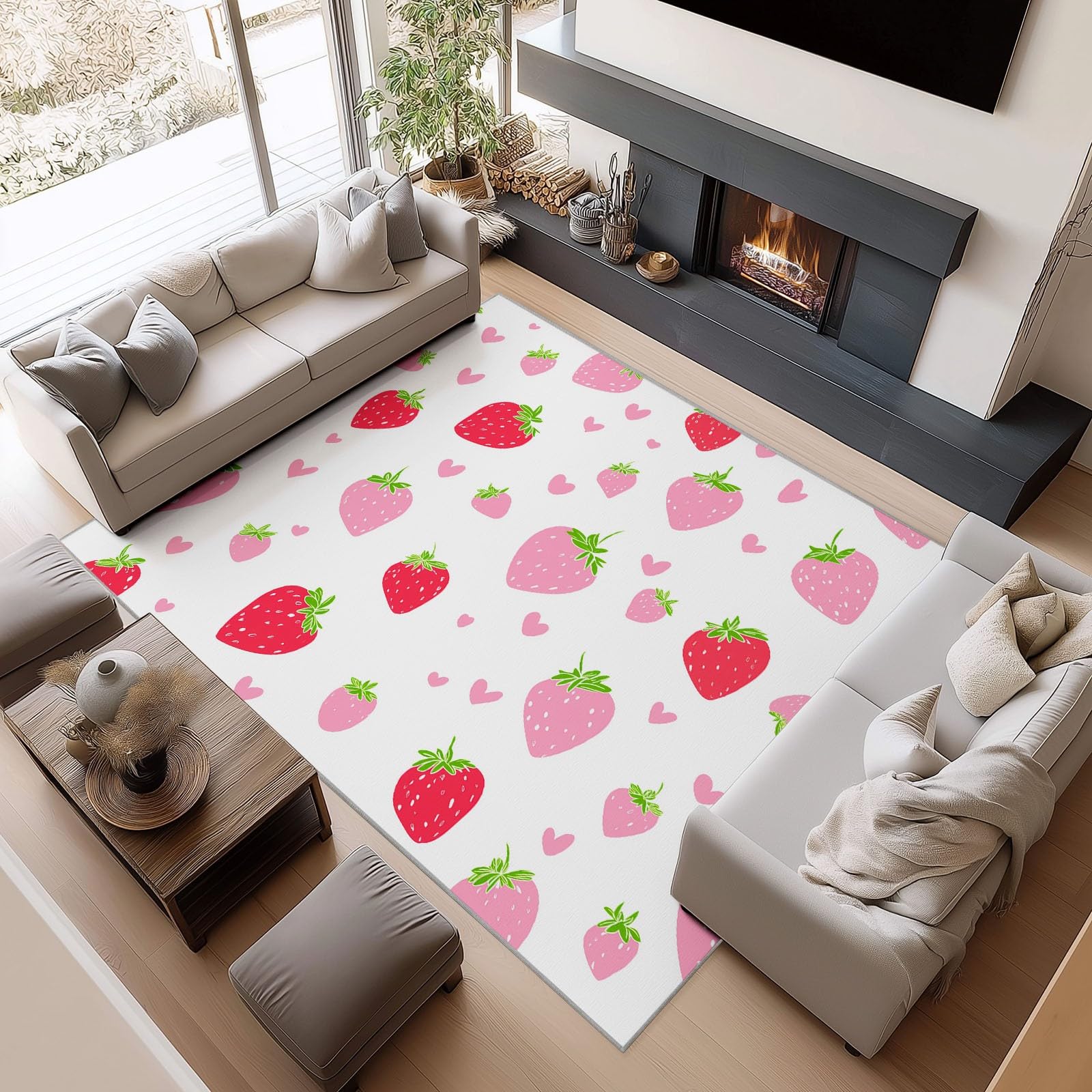 Dywan dziecięcy dla dziewczynek, dzieci, 80 x 150 cm, flanela, można prać w pralce, antypoślizgowy, hipoalergiczny, urocza truskawka, owoce, styl, pokój zabaw, przedszkole, sypialnia