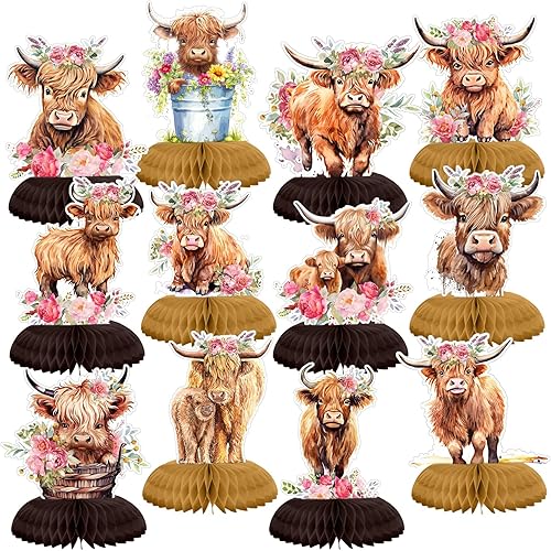 Shappy 12 Pcs Highland Cow Honeycomb Centerpieces Highland Cow Party Centerpieces Table Decorations for Baby Shower Birthday Party