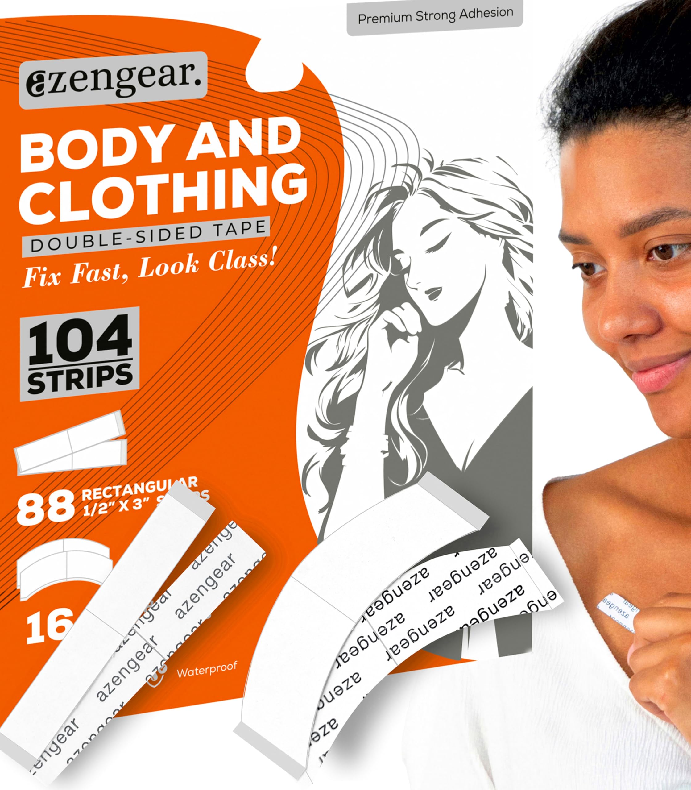 Double Sided Body Tape for Clothes, Hijab, Dress (104 Strip Pack) - Clear, Transparent, Strong Adhesion for All Skin Types and Fashion Clothing Fabrics