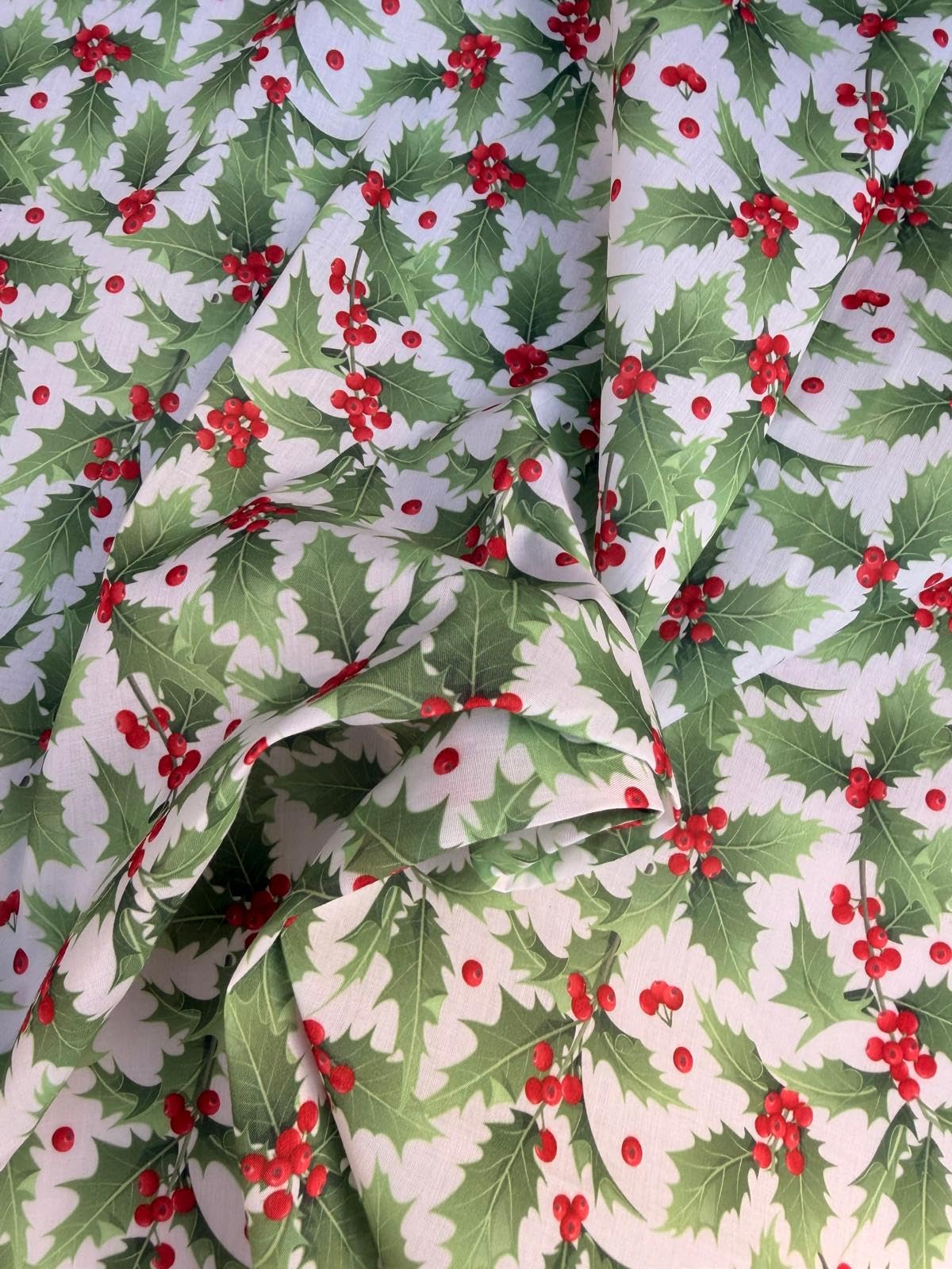 Simply Sew Crafty Ferns Holly Berries On White Christmas Polycotton Fabrics - Sold Per Metre/Half Metre By Simply Sew Crafty™ - Reindeers Snowflakes Sausage Dogs (, 1 Metre)