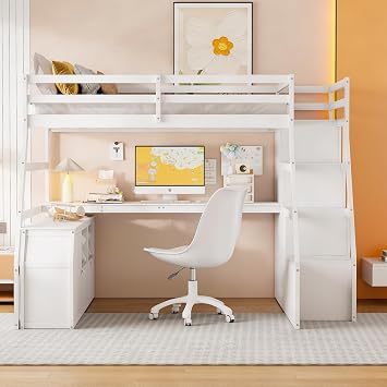 Su & Chan Legence Full Size Bed with Pinewood Frame and Desk, Loft Bed with 7 Drawers and 2 Shelves, Natural Wood Grain Look, White