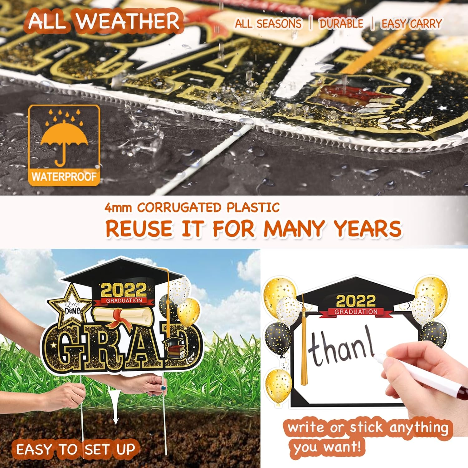 Graduation Yard Sign Stakes, 2022 Graduation Decorations with Writable Board, 8 PCS Unique Design Graduation Décor, Gold and Black Lawn Garden Yard Signs, Waterproof Graduation Party Supplies