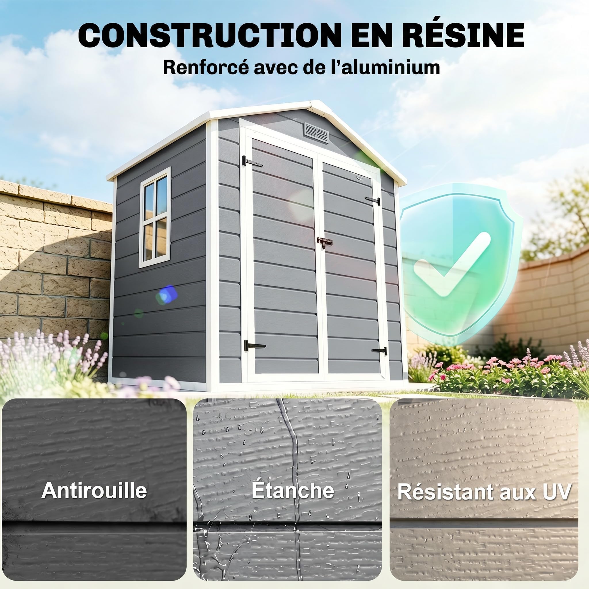 Outsunny Abri de Jardin cabanon en résine polypropylène 2,12 m² - 2 Portes 1 fenêtre et 1 Grille d'aération, Toit en Pente, Gris