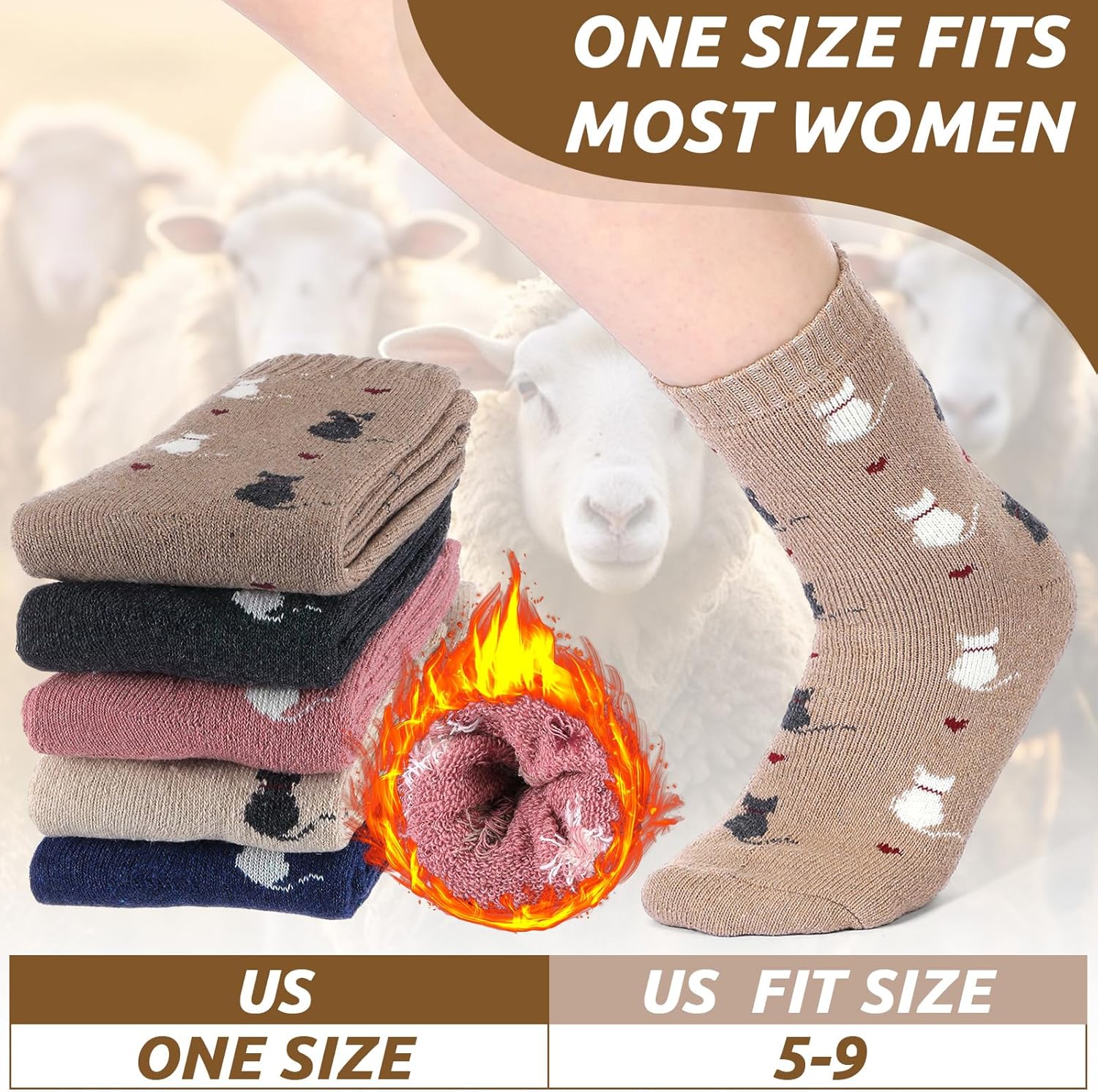 5 Pairs Wool Cat Socks for Women Valentines Day Cute Cat Heart Gifts Thermal Winter Warm Thick Terry Cotton Knit Crew Socks Vintage Funny Gifts for Mom Pet Lovers - Image 2