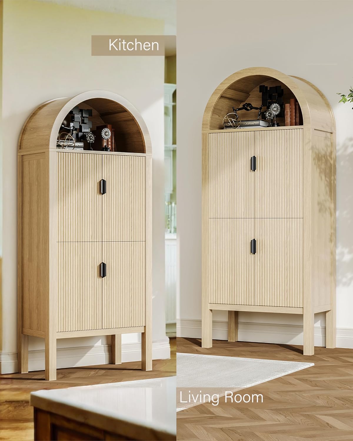 71" Tall Arched Fluted Storage Cabinet, Modern Arched Pantry Cabinet with 4 Tier Shelves Cupboard, Open Display Storage, Sideboard, Accent Cabinet for Living Room (Cream Yellow Wood Grain)