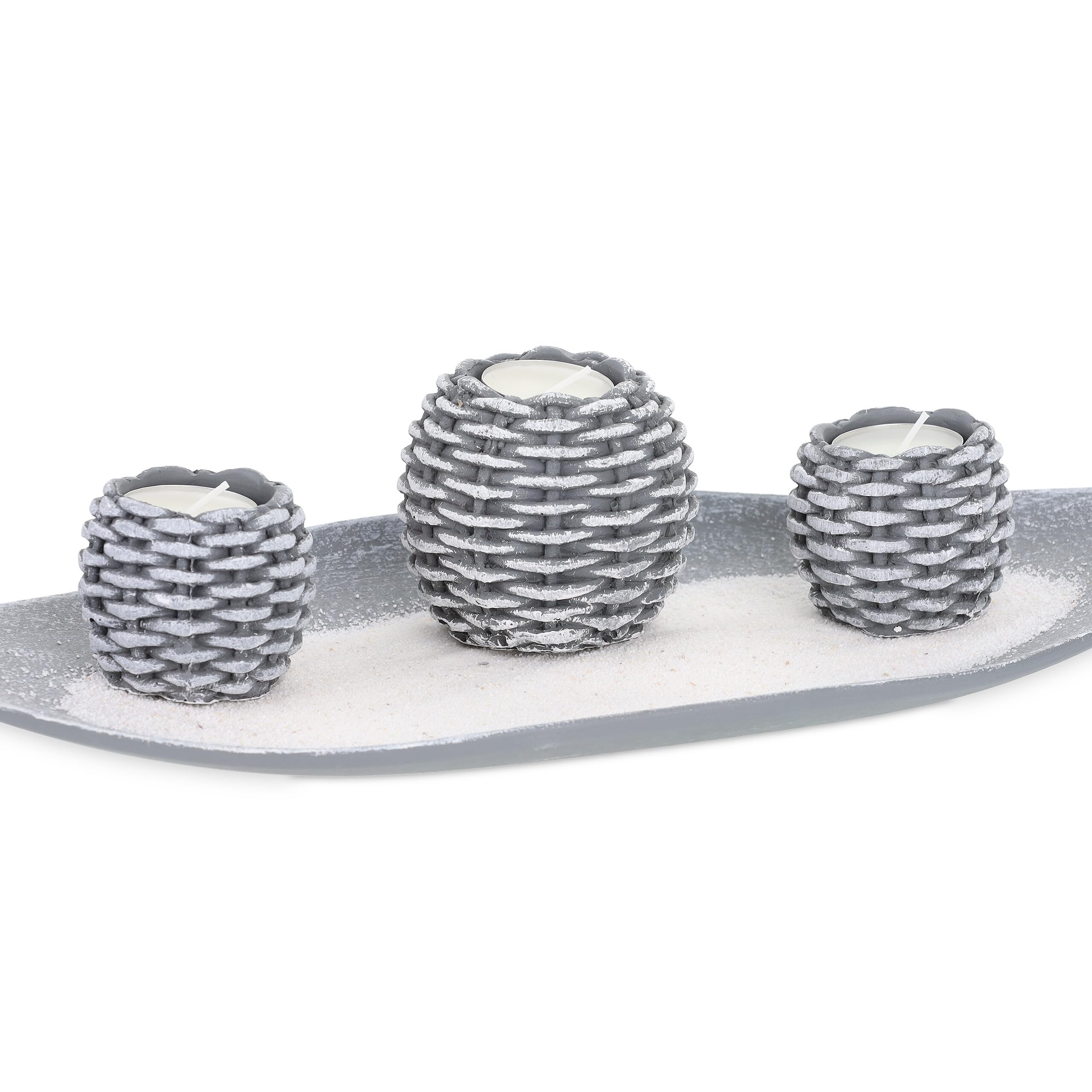 Relaxdays Portacandele Decorativo con Vassoio, 3 Porta-Tea Light e Sabbia, per Il Tavolino e Il Salotto, Grigio Bianco