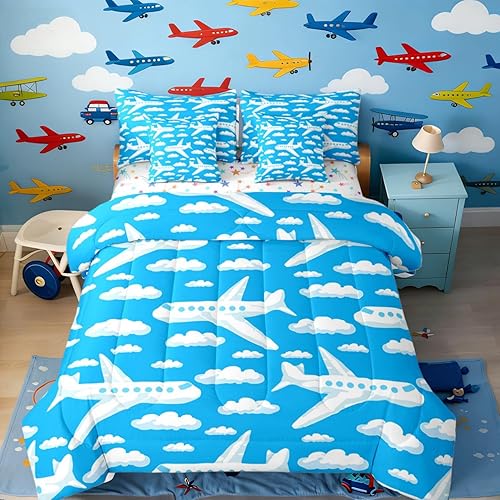 Erosebridal Cartoon Plane 7 Piece Comforter Set Full Bed in A Bag,White and Blue